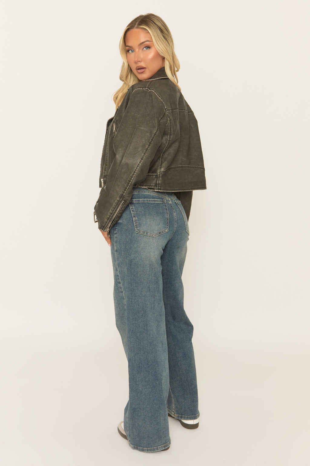 Black Vintage Washed PU Cropped Biker Jacket - Josia