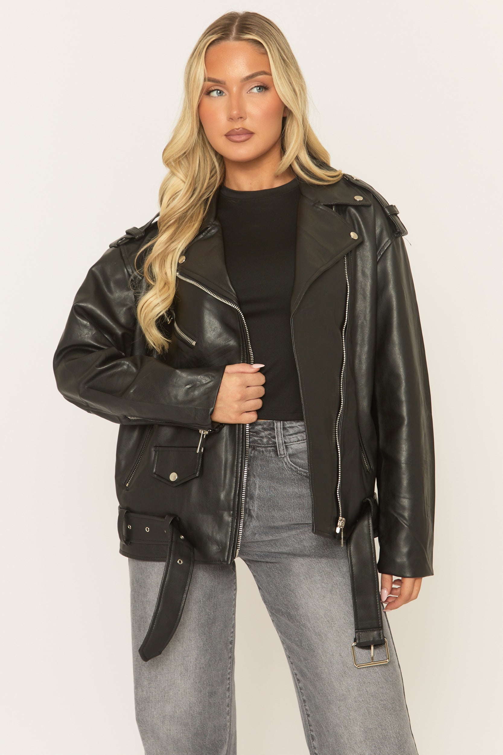 Black Oversized PU Biker Jacket - Marlowe