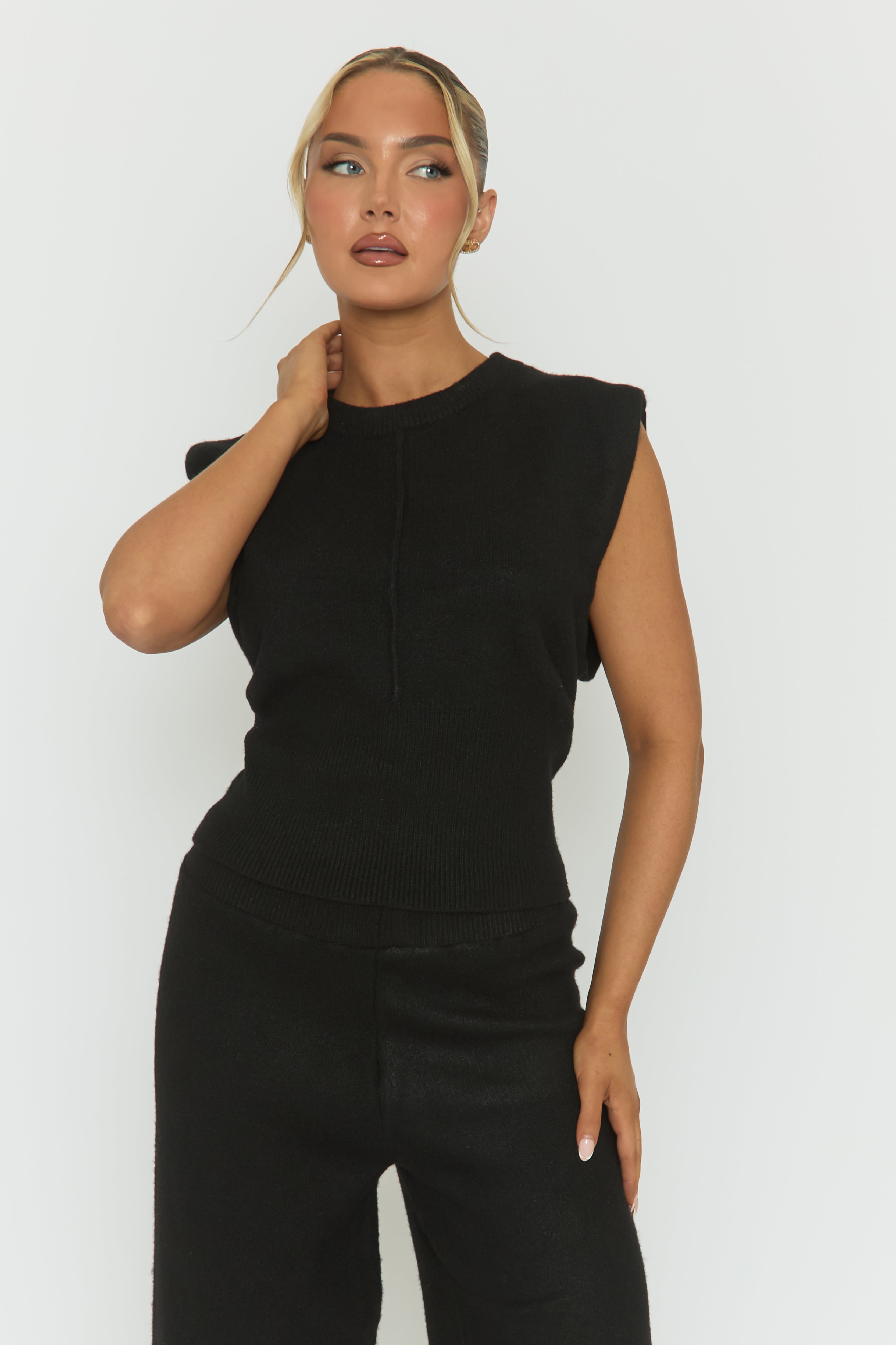 Black Knitted Vest and Trouser Loungewear Set - Aziel