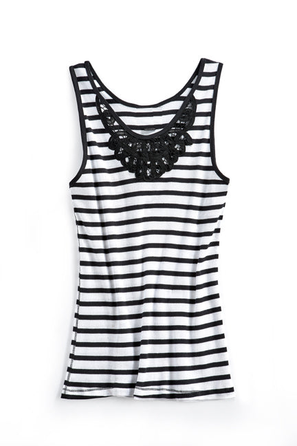 Women's Striped Tank With Crochet Lace Neckline