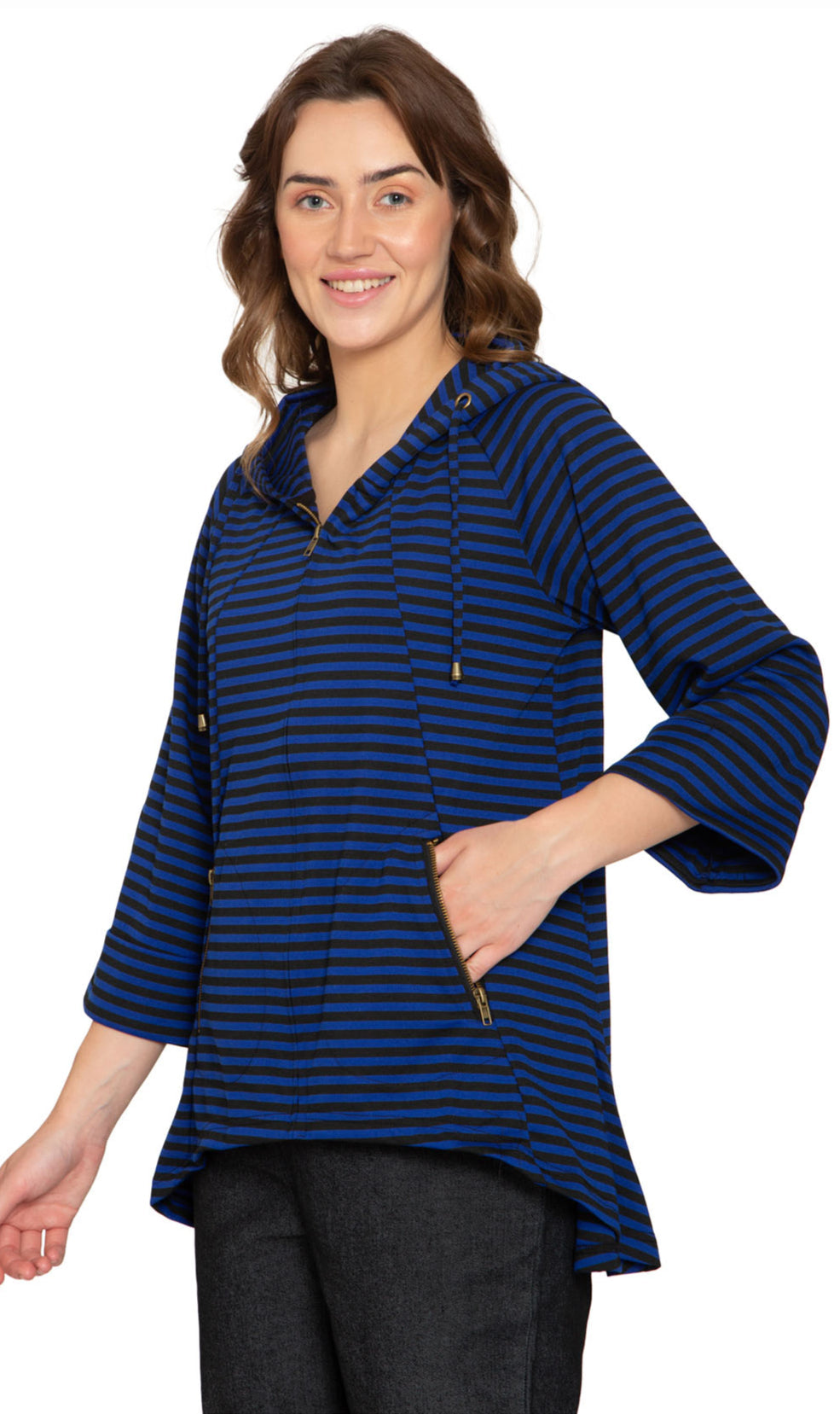 Women's Striped Zip Front High Low Hooded Jacket