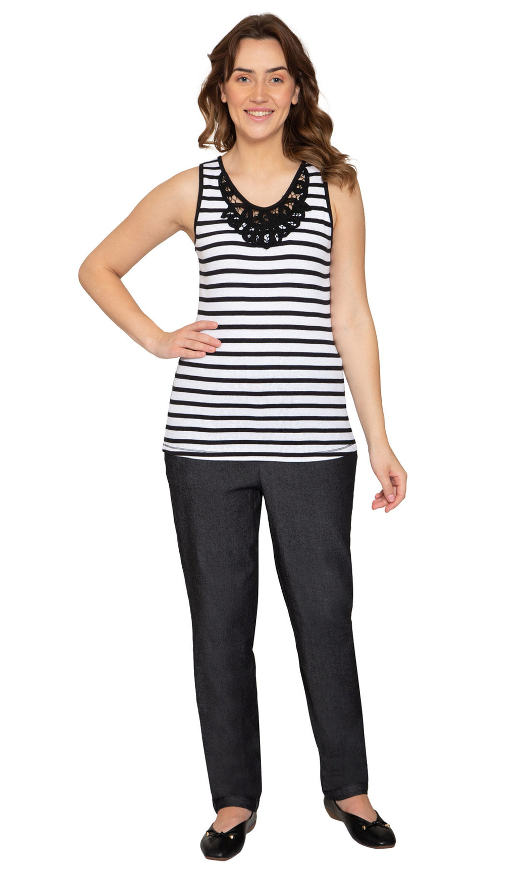 Women's Striped Tank With Crochet Lace Neckline