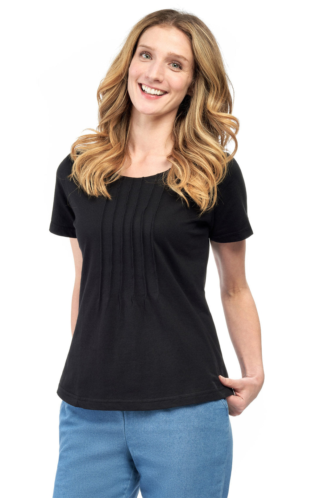 Women's Short Sleeve Cotton Knit T-shirt in Pintuck Style