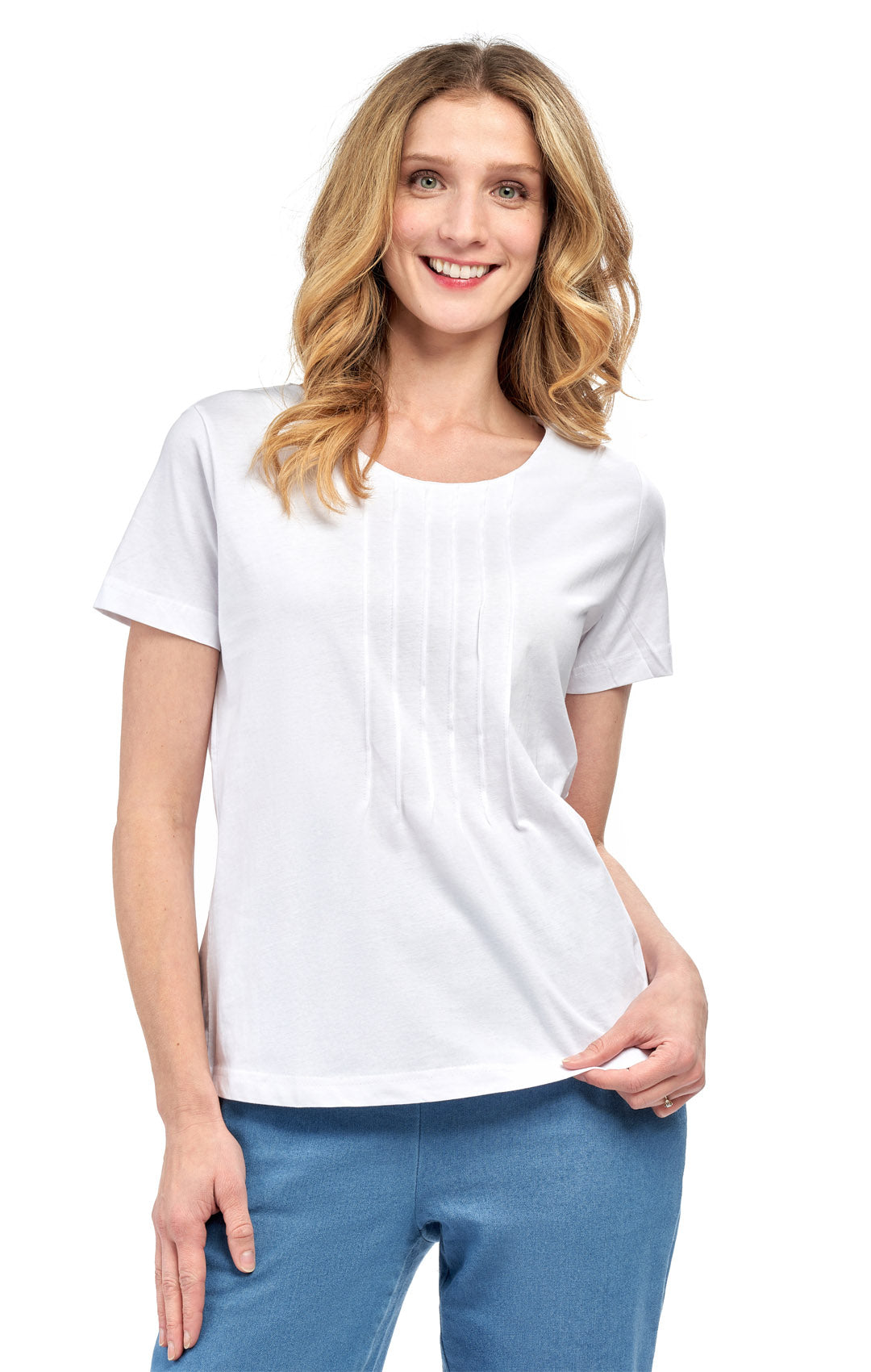 Women's Short Sleeve Cotton Knit T-shirt in Pintuck Style