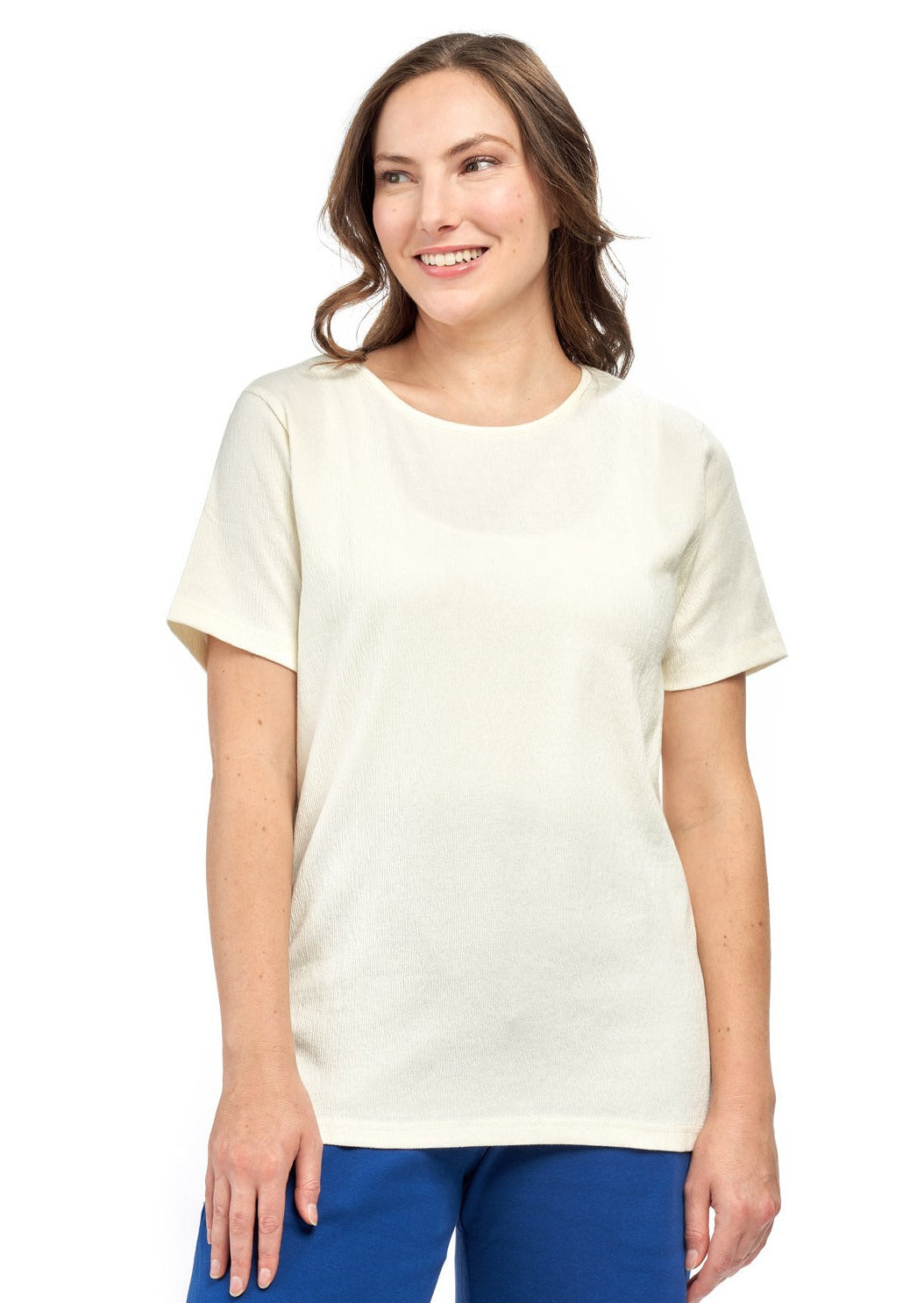 Women's Textured Knit T-shirt with Jewel Neckline and Short Sleeves