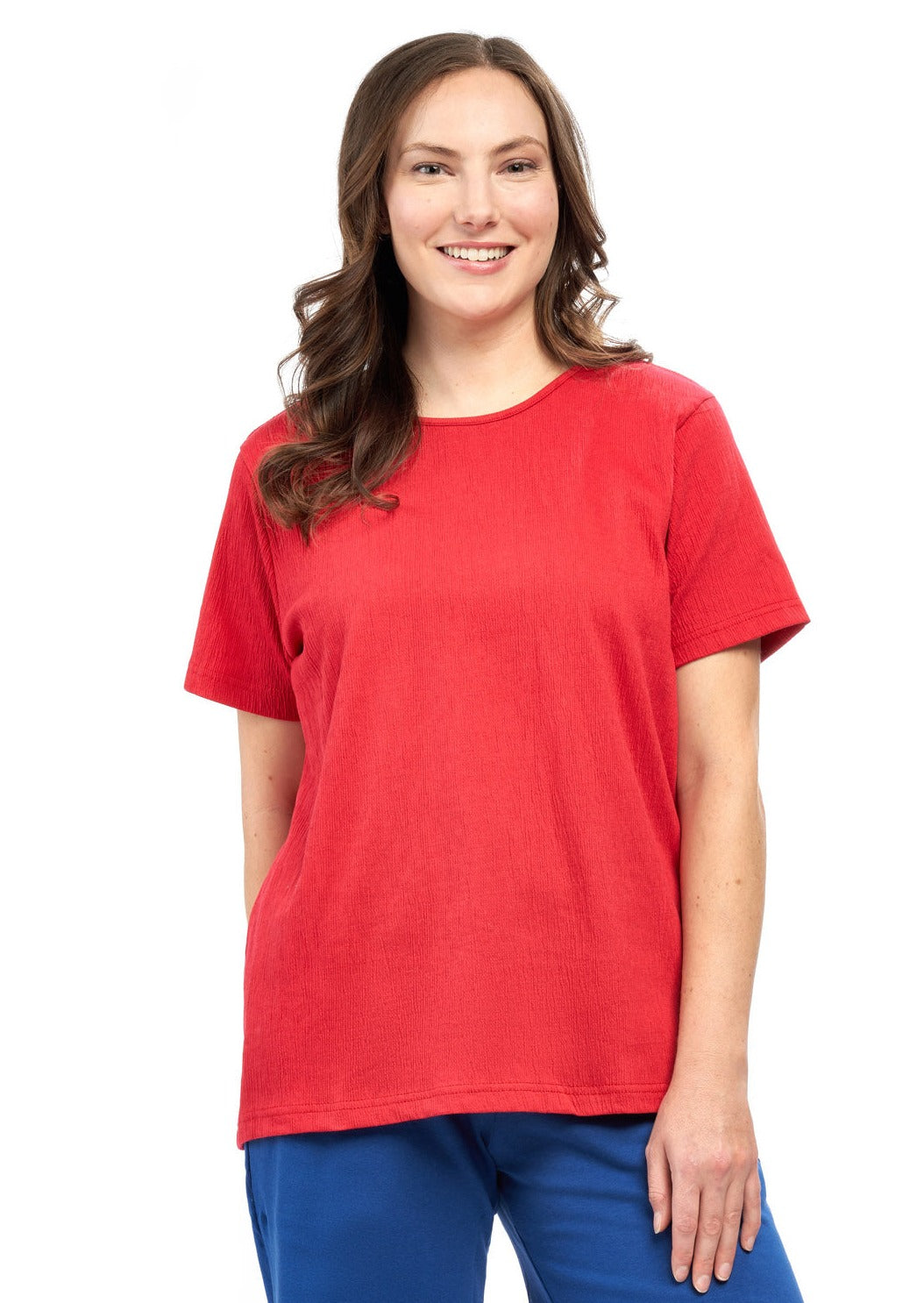 Women's Textured Knit T-shirt with Jewel Neckline and Short Sleeves