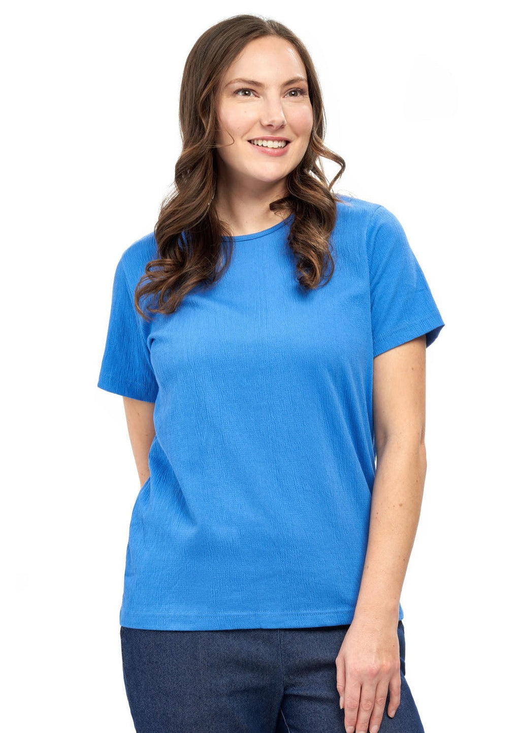 Women's Textured Knit T-shirt with Jewel Neckline and Short Sleeves