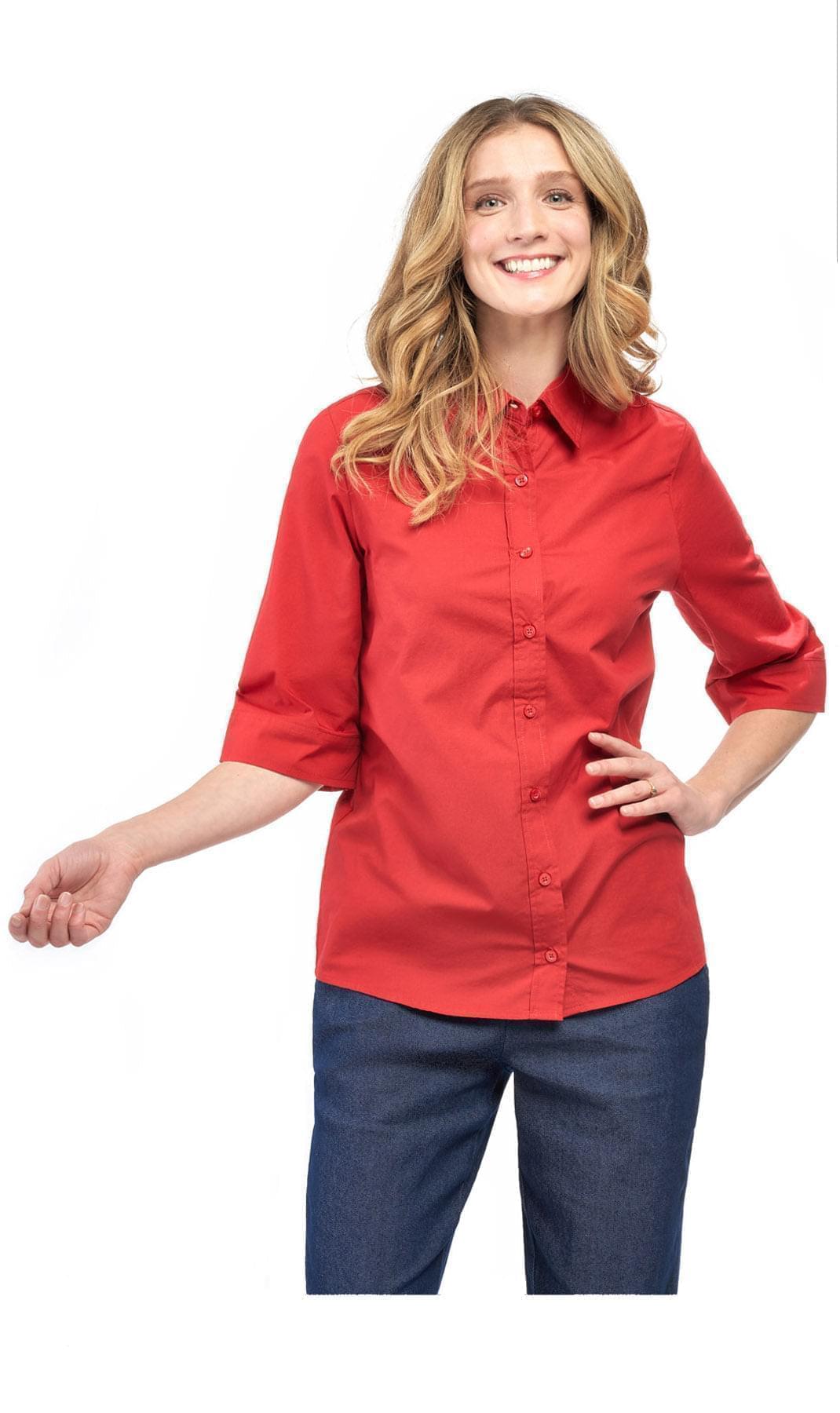 Womens Regular Fit 3/4 Sleeve Button Down Collared Camp Shirt
