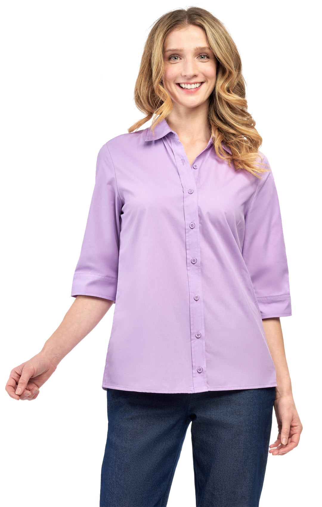 Womens Regular Fit 3/4 Sleeve Button Down Collared Camp Shirt