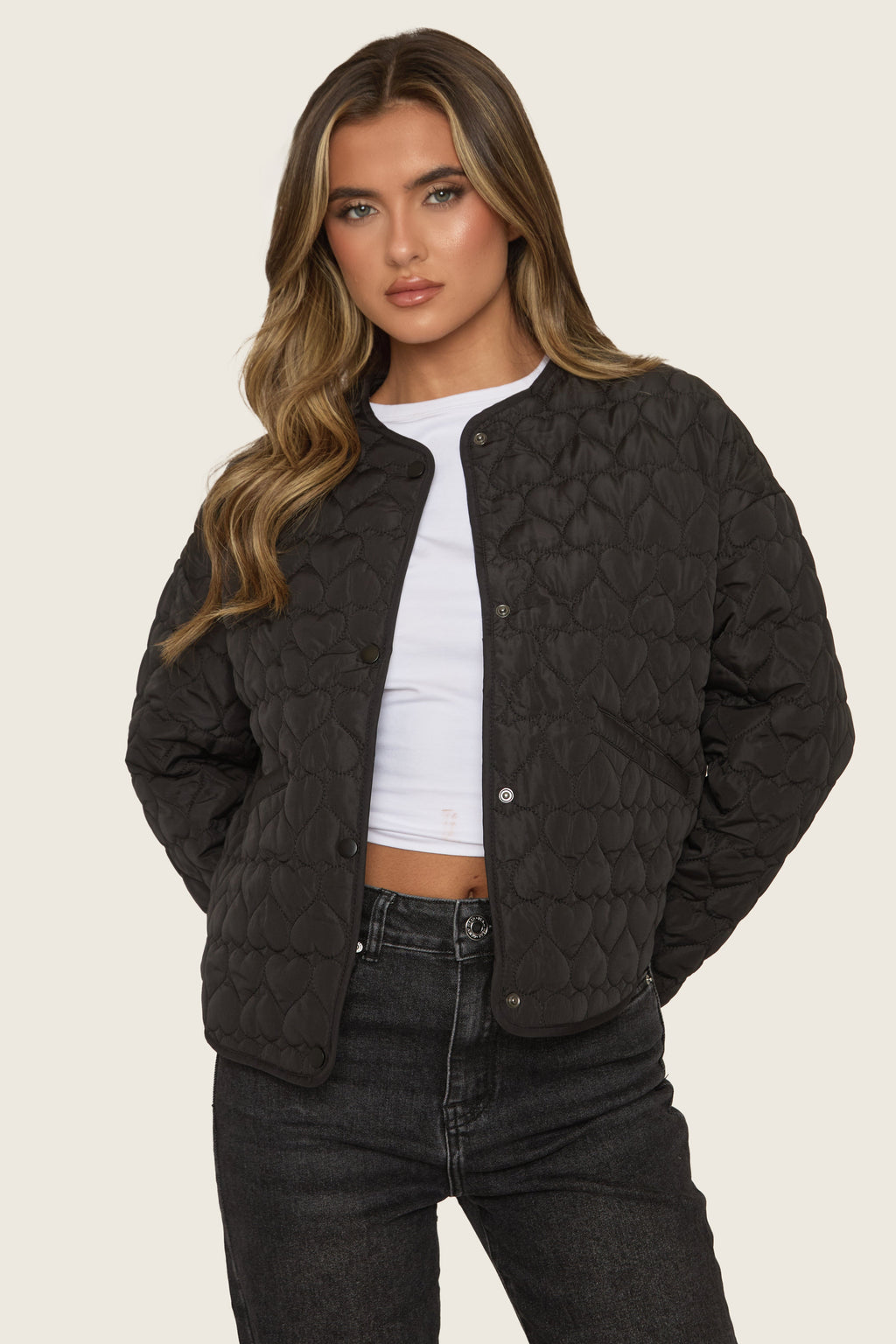 Black Heart Quilted Popper Front Jacket - Kathleen