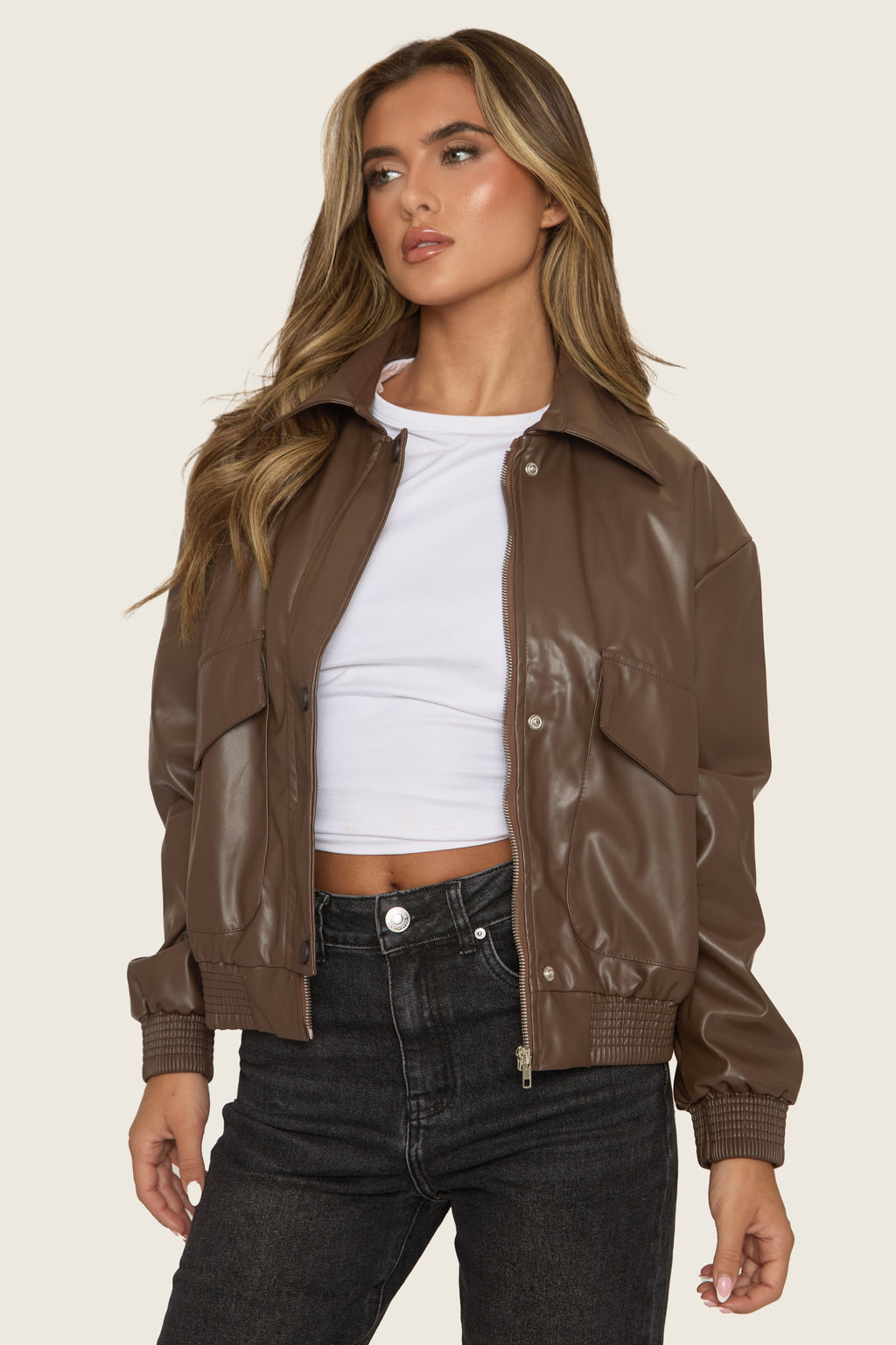 Chocolate Faux Leather Collared Zip Front Bomber Jacket - Tamsyn