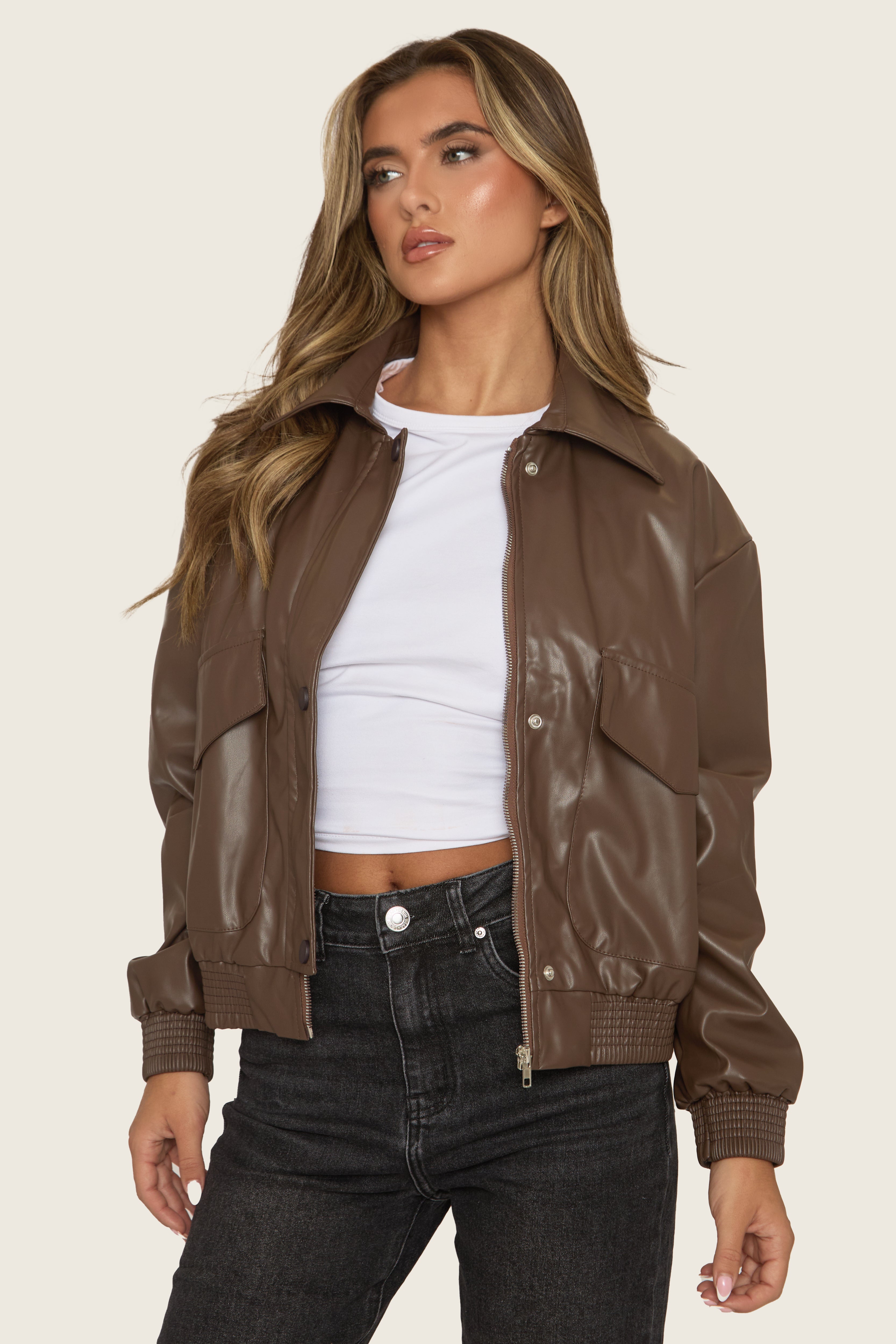Chocolate Faux Leather Collared Zip Front Bomber Jacket - Tamsyn