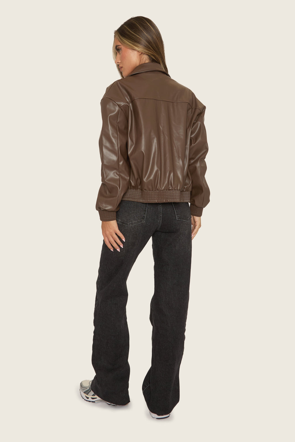 Chocolate Faux Leather Collared Zip Front Bomber Jacket - Tamsyn