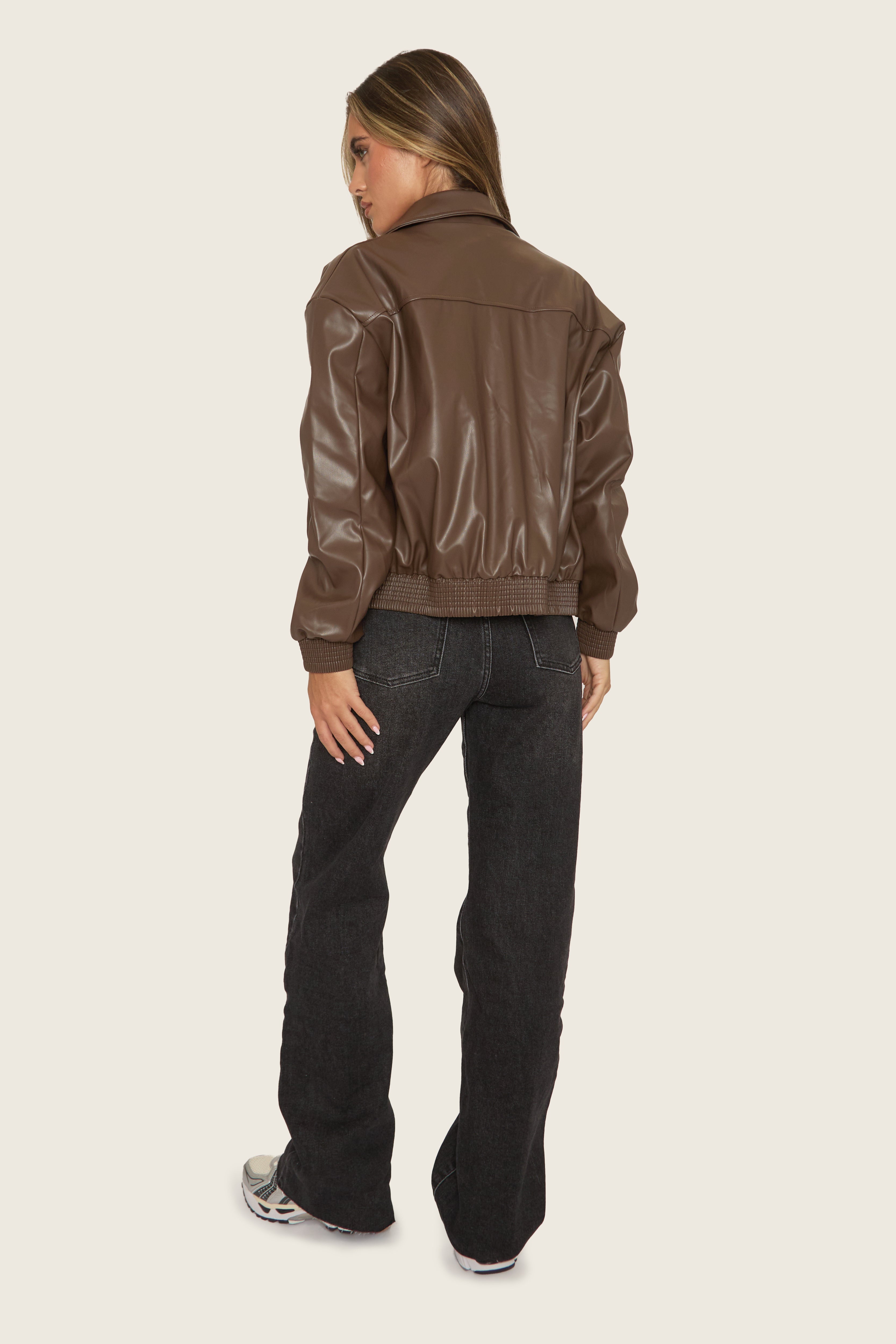 Chocolate Faux Leather Collared Zip Front Bomber Jacket - Tamsyn