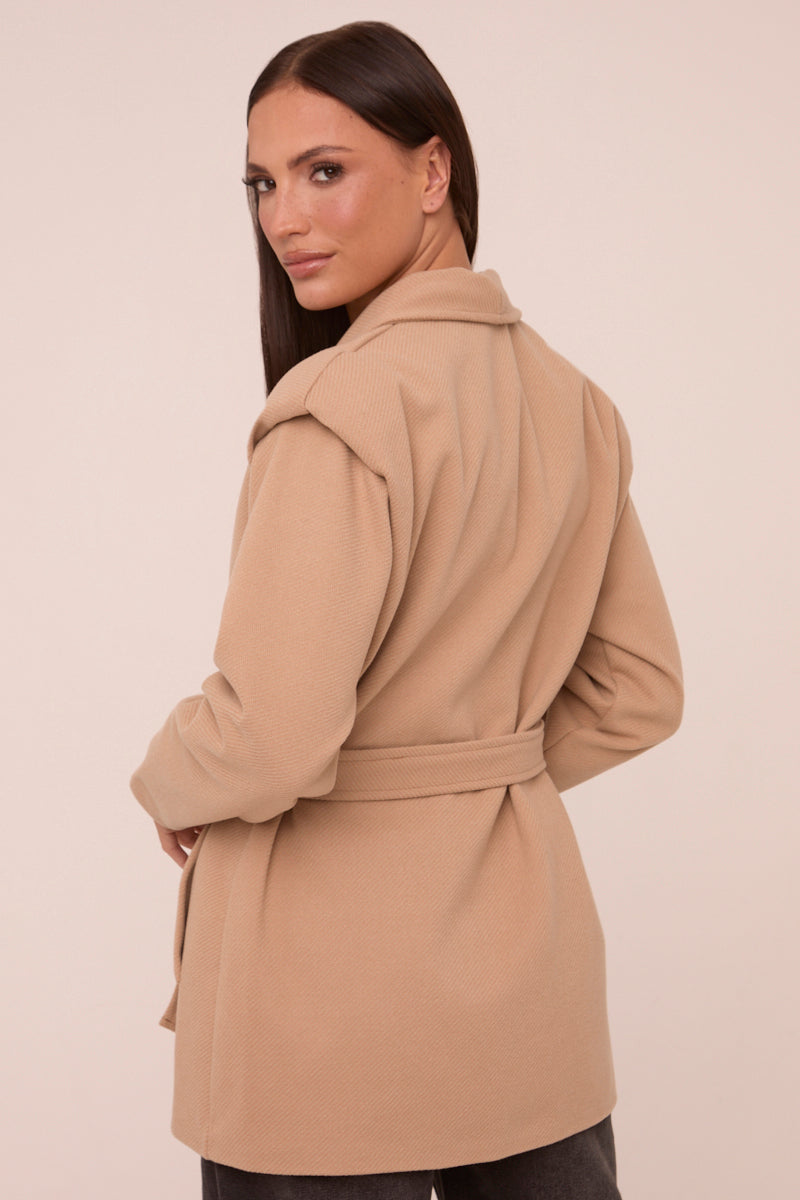 Beige Wool Look Shoulder Pads Tie Front Long Sleeves Jacket - Gemma