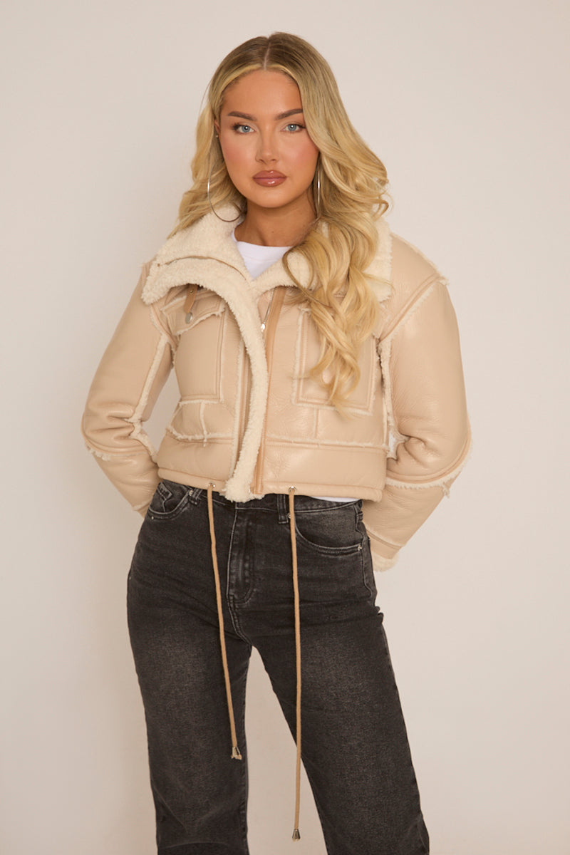 Beige Faux Leather Shearling Aviator Cropped Jacket - Avani