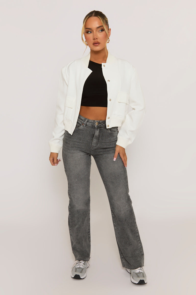 White Pocket Detail Bomber Jacket - Estelle