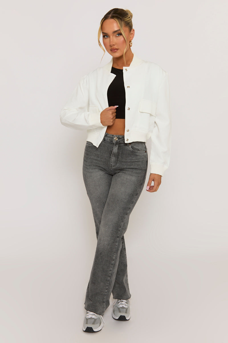 White Pocket Detail Bomber Jacket - Estelle