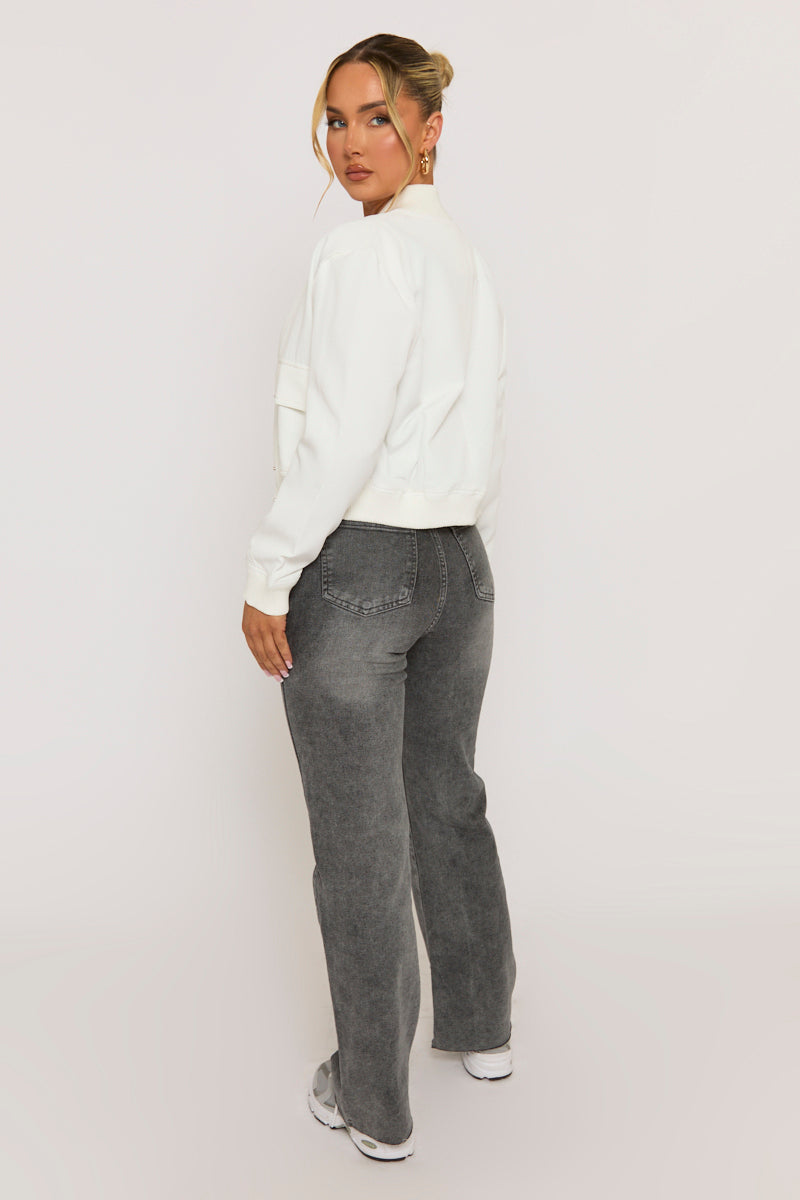 White Pocket Detail Bomber Jacket - Estelle