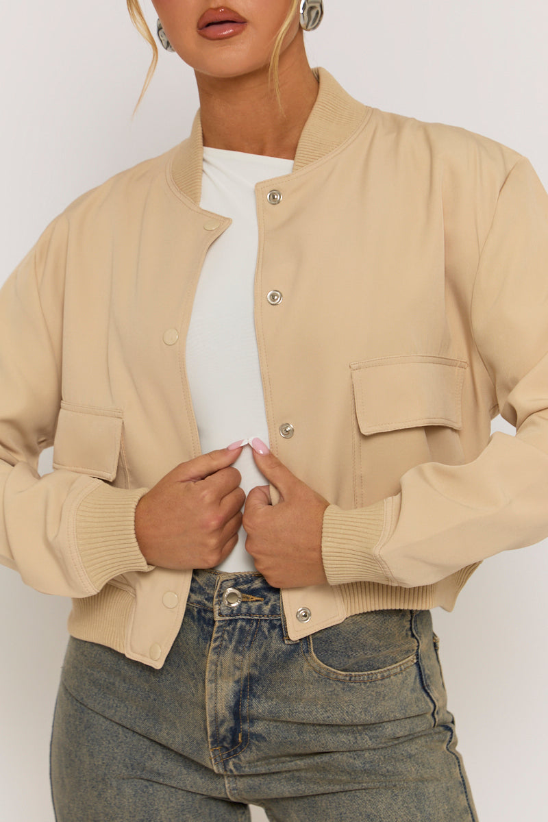 Beige Pocket Detail Bomber Jacket - Estelle