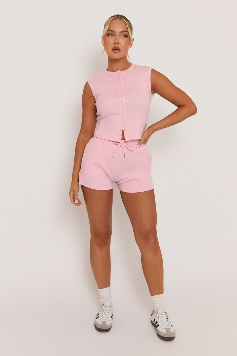 Pink Sleeveless Button Front Rib Top and Short Co-ord Set - Zita