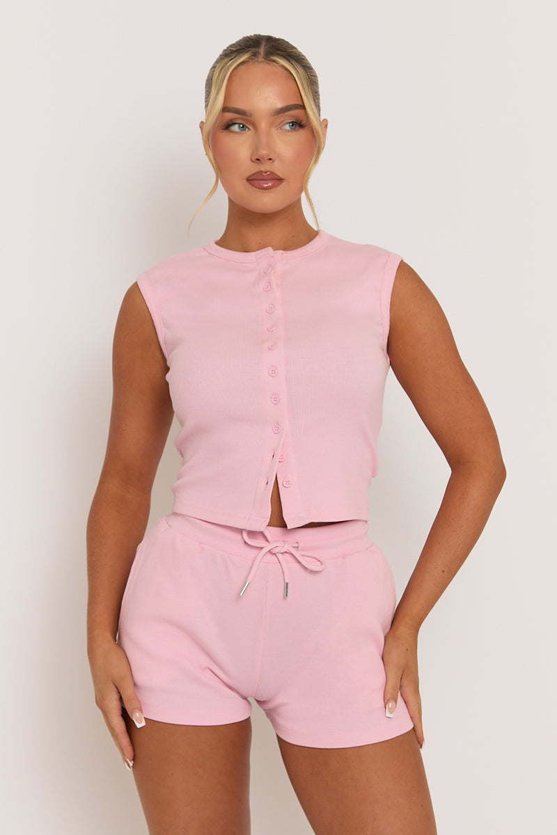 Pink Sleeveless Button Front Rib Top and Short Co-ord Set - Zita