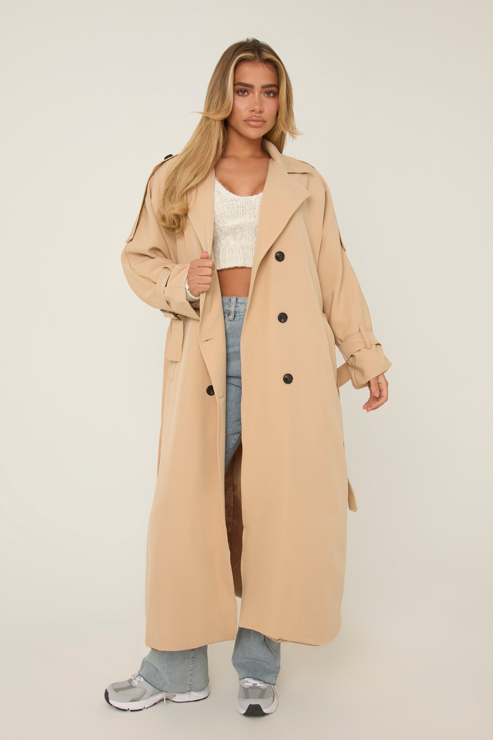 Beige Double Breasted Tie Sleeve Longline Oversized Trench Coat - Annmarie