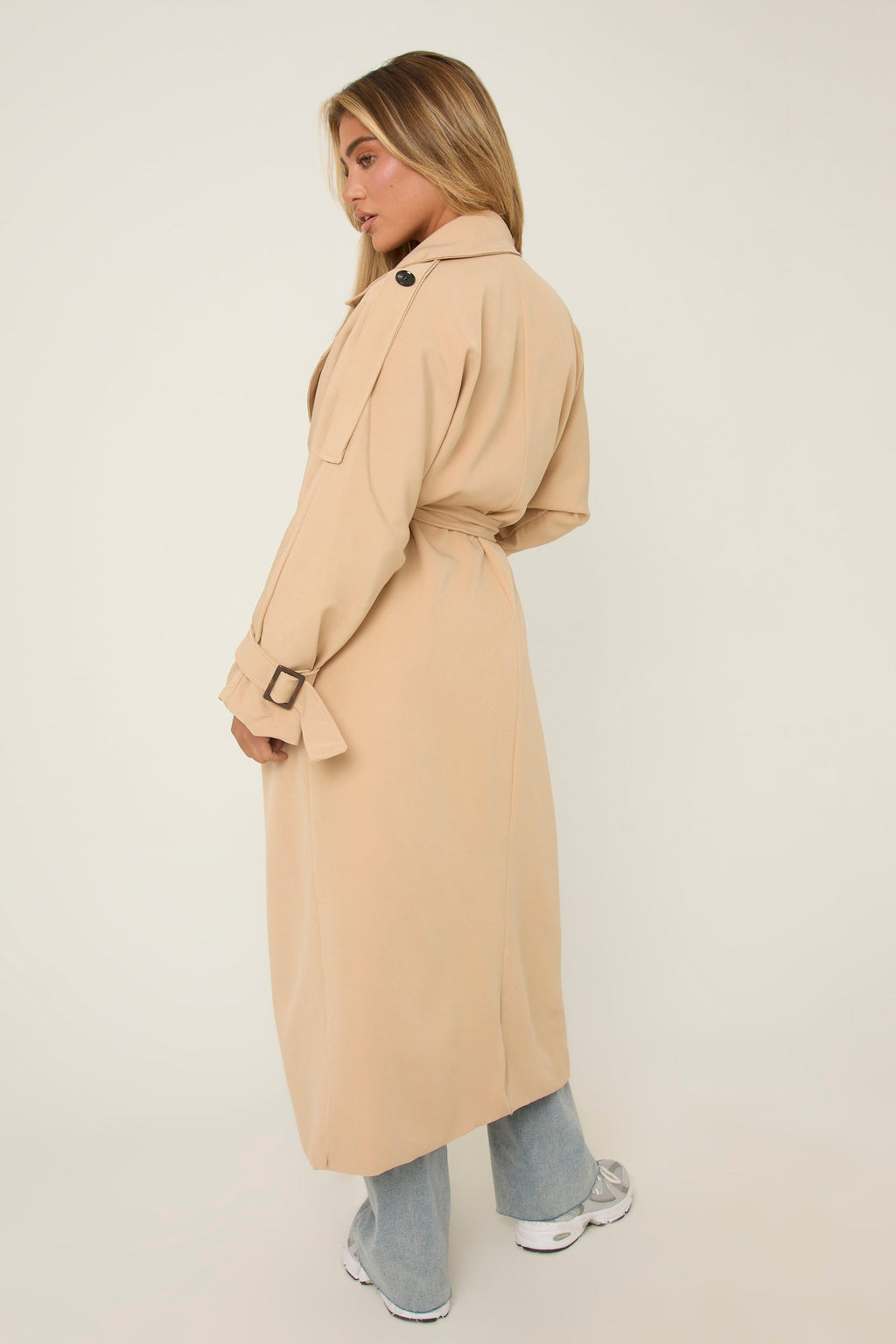 Beige Double Breasted Tie Sleeve Longline Oversized Trench Coat - Annmarie