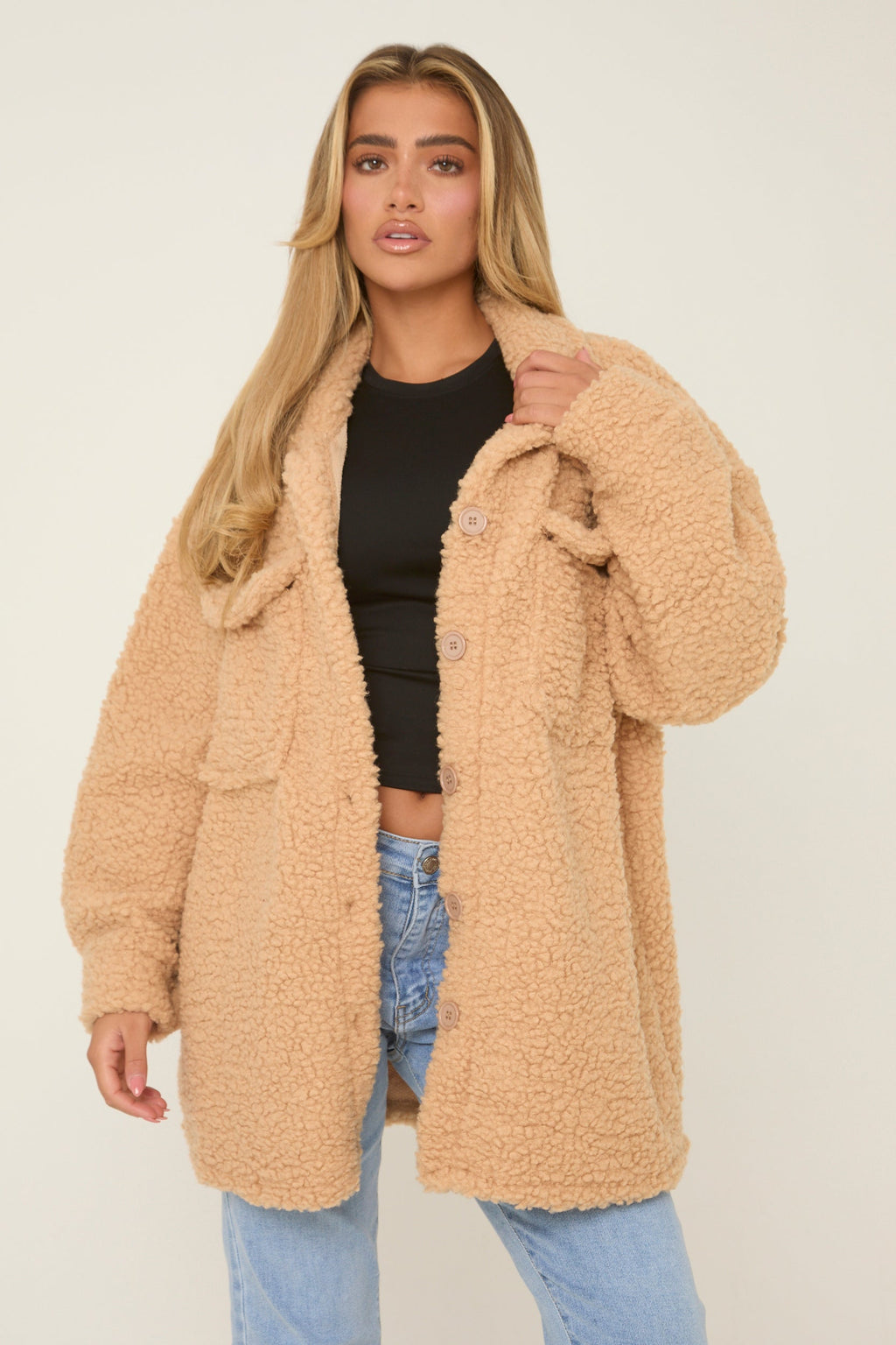Camel Sherpa Oversized Longline Long Sleeves Shacket - Agnes