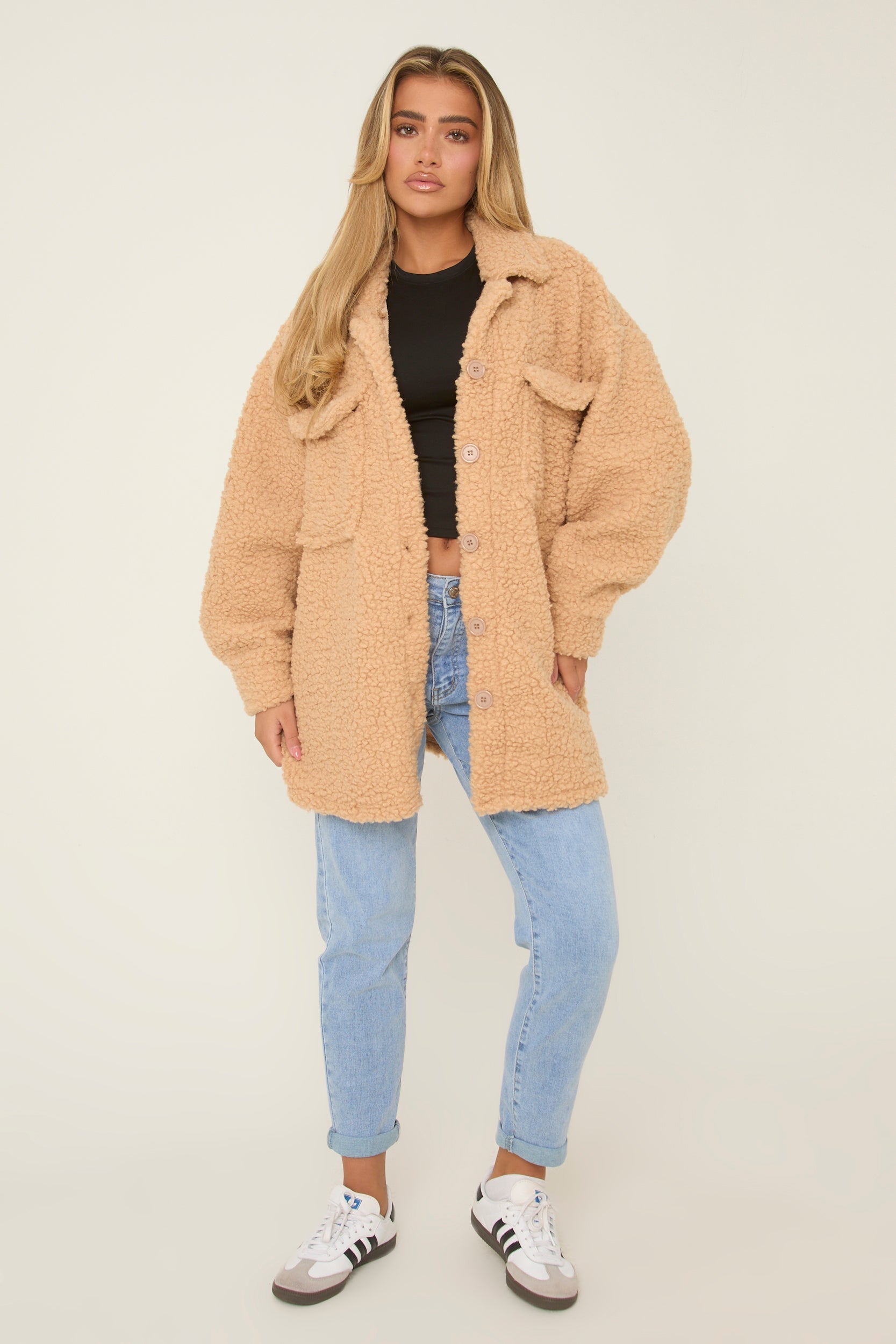 Camel Sherpa Oversized Longline Long Sleeves Shacket - Agnes