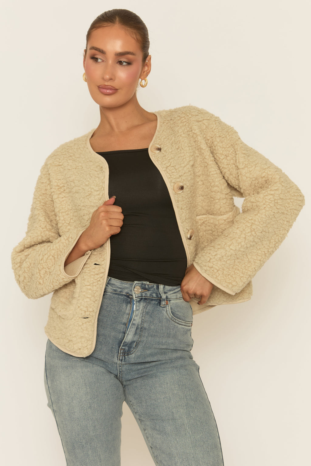 Beige Button Front Borg Jacket - Kiyra