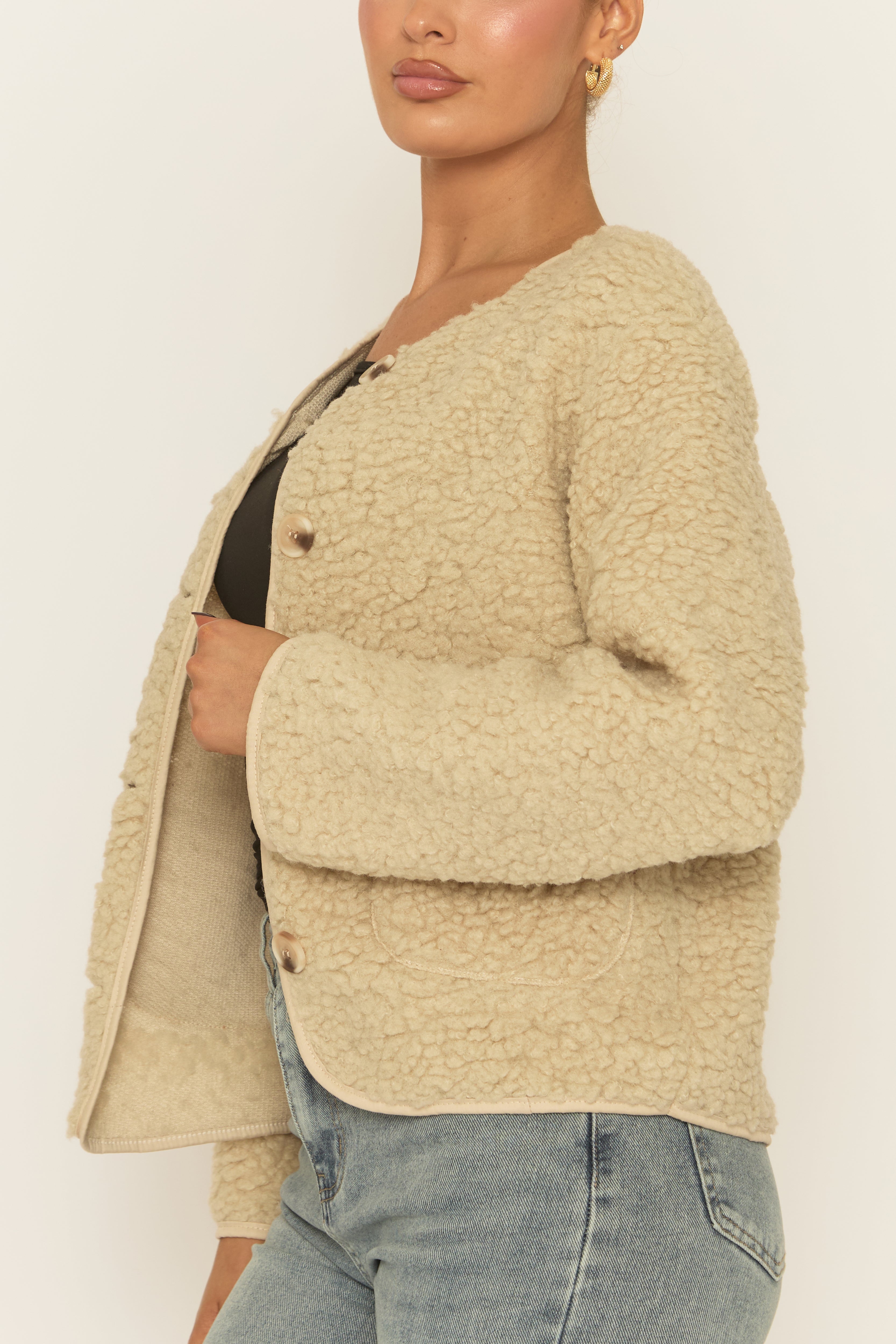 Beige Button Front Borg Jacket - Kiyra