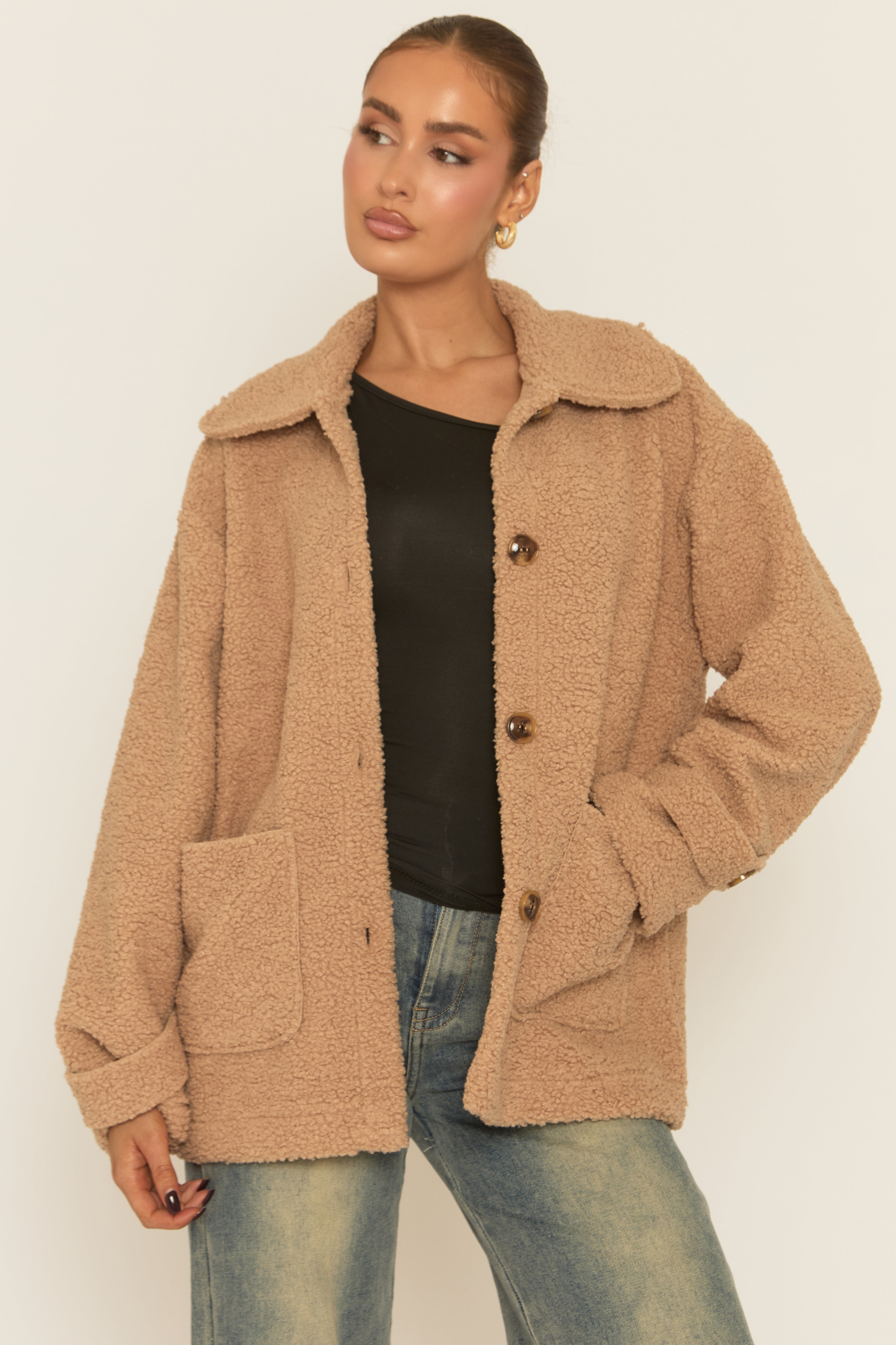 Camel Button Front Oversized Borg Jacket - Liena