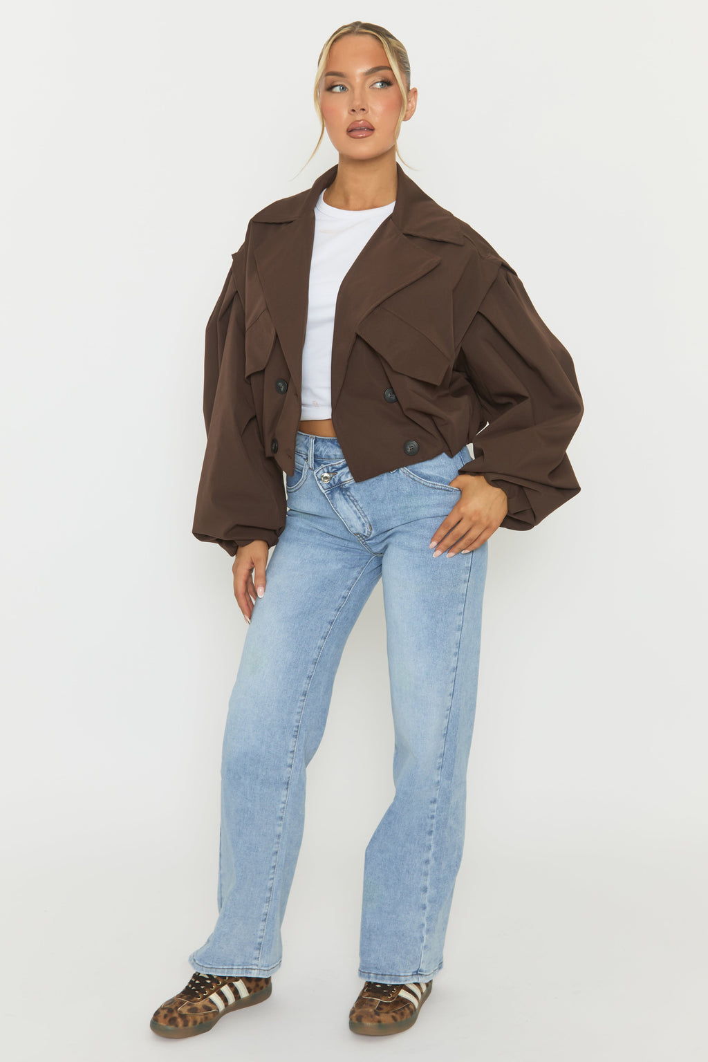 Chocolate Double Breasted Cropped Trench Coat - Kienna