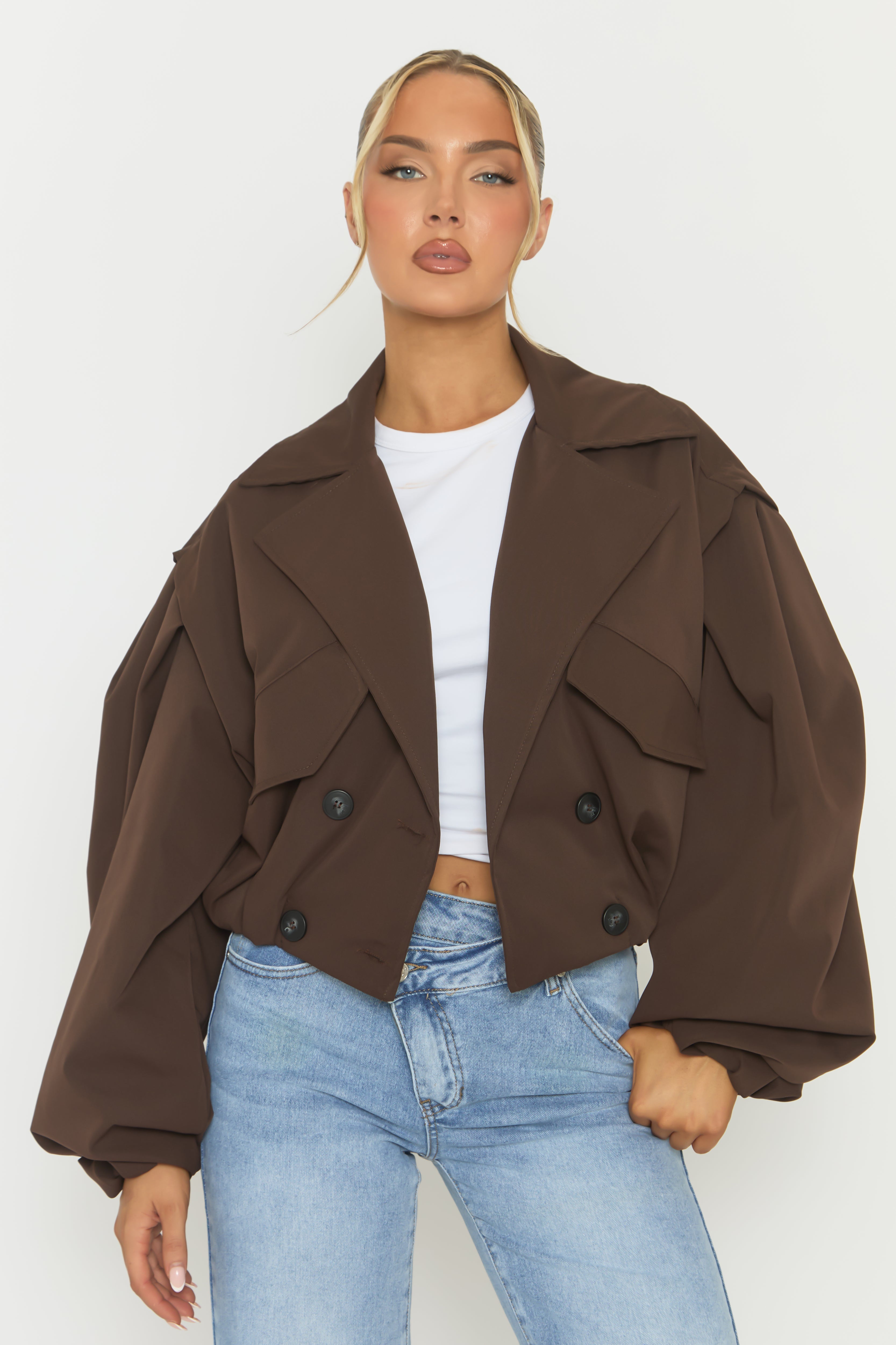 Chocolate Double Breasted Cropped Trench Coat - Kienna
