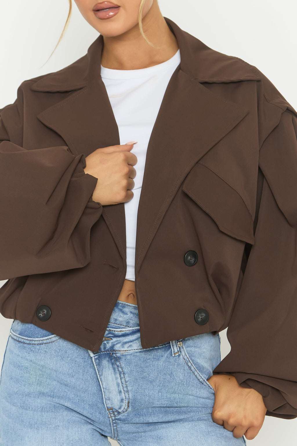 Chocolate Double Breasted Cropped Trench Coat - Kienna