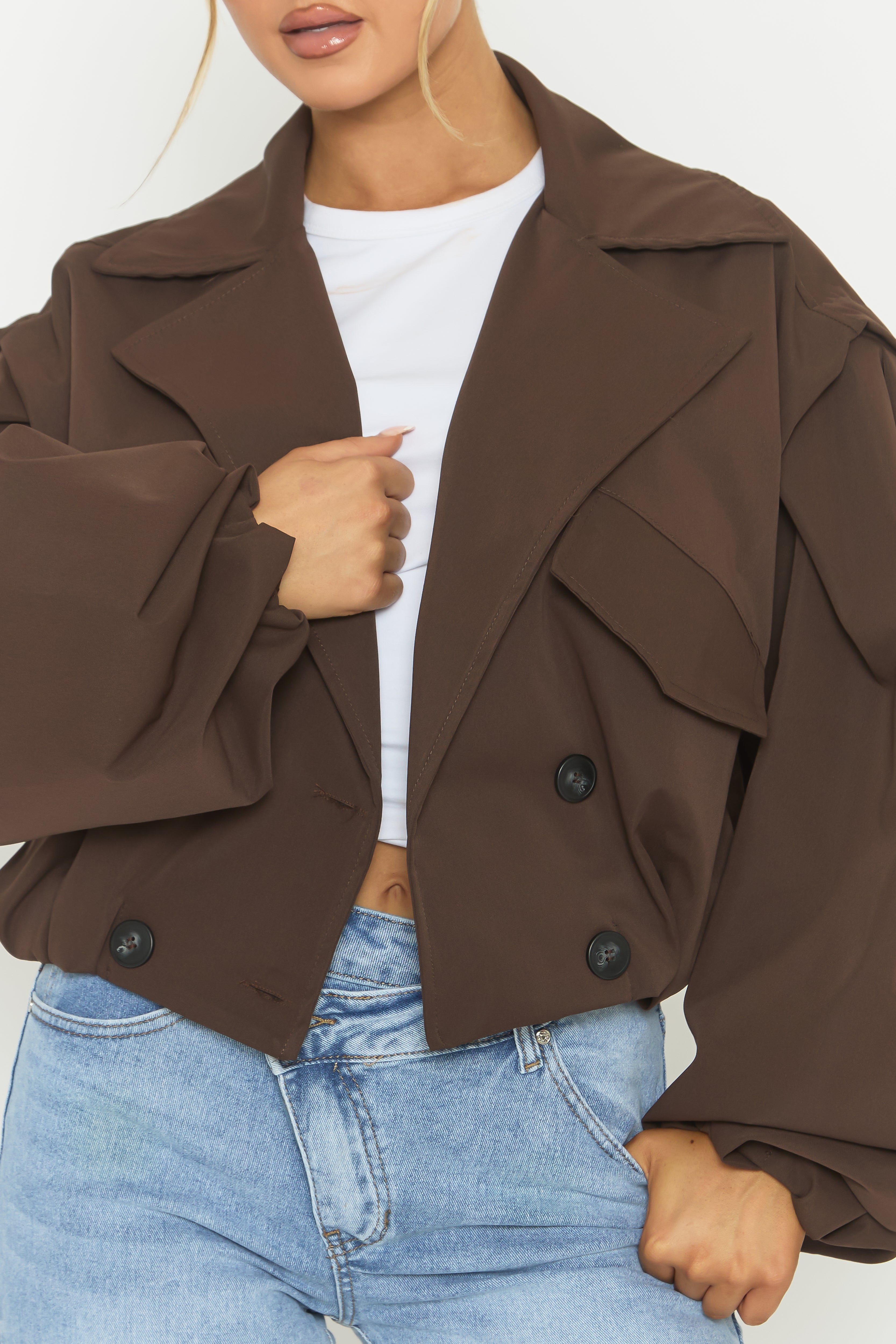 Chocolate Double Breasted Cropped Trench Coat - Kienna