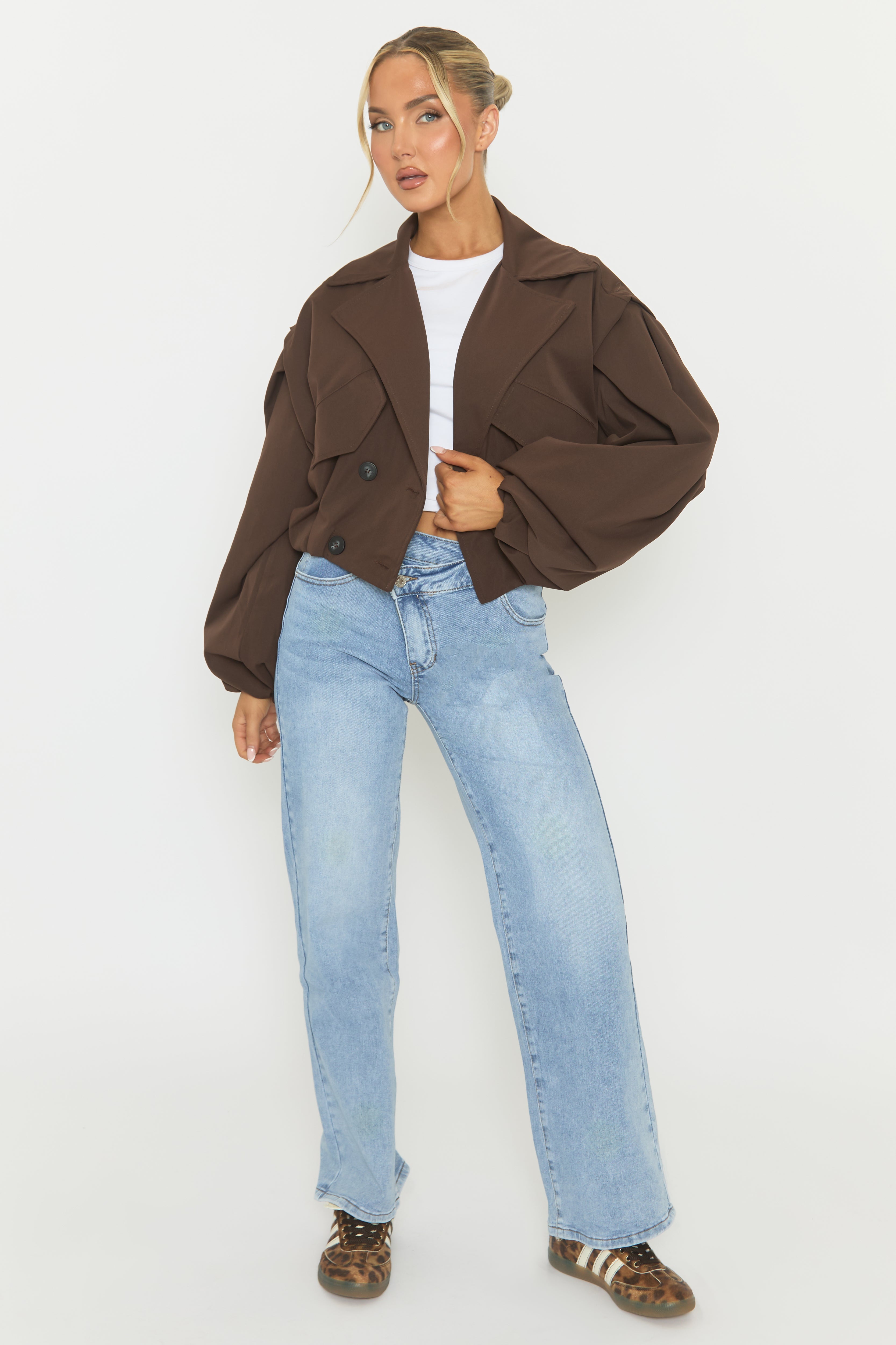 Chocolate Double Breasted Cropped Trench Coat - Kienna