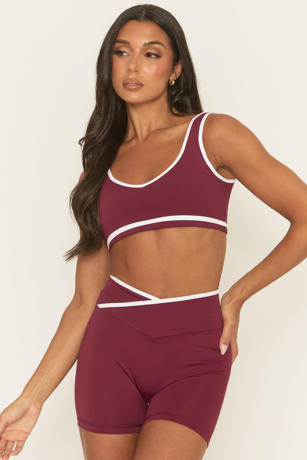 Wine Contrast Piping Sports Bra and Cycling Short Activewear Set - Shauny
