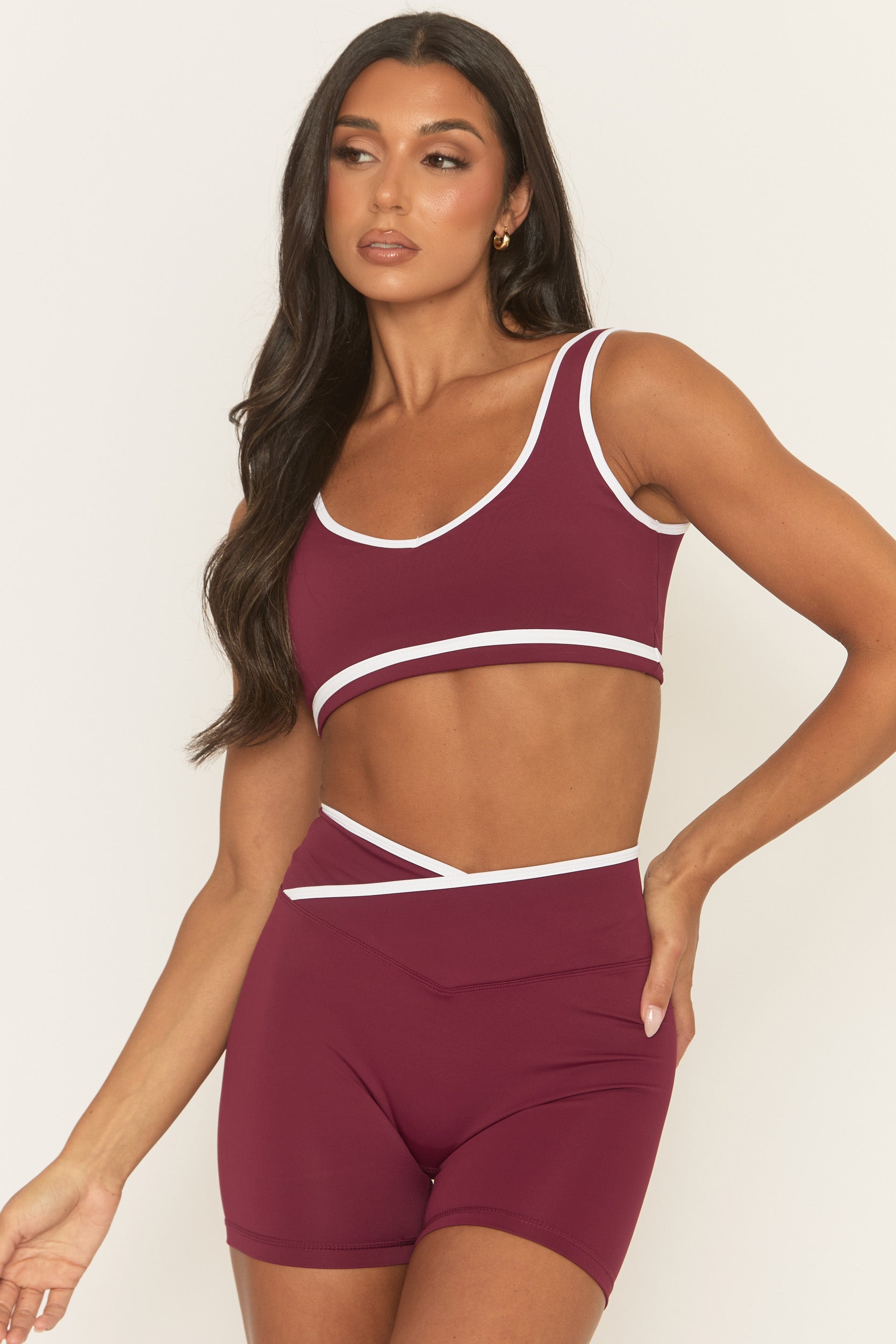 Wine Contrast Piping Sports Bra and Cycling Short Activewear Set - Shauny