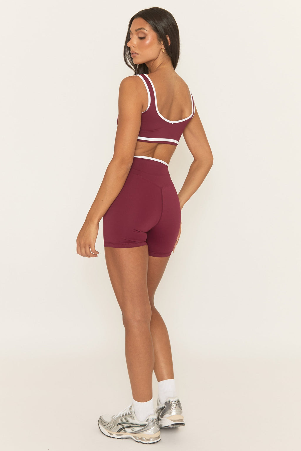 Wine Contrast Piping Sports Bra and Cycling Short Activewear Set - Shauny