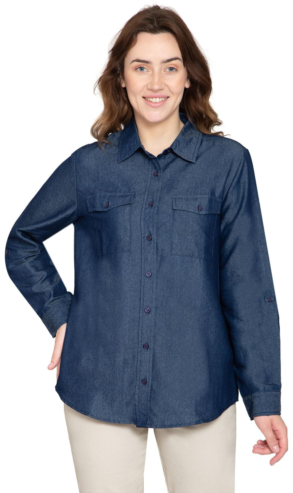Women's Button Down Denim Shirt - Long Sleeve with Pocket Tops