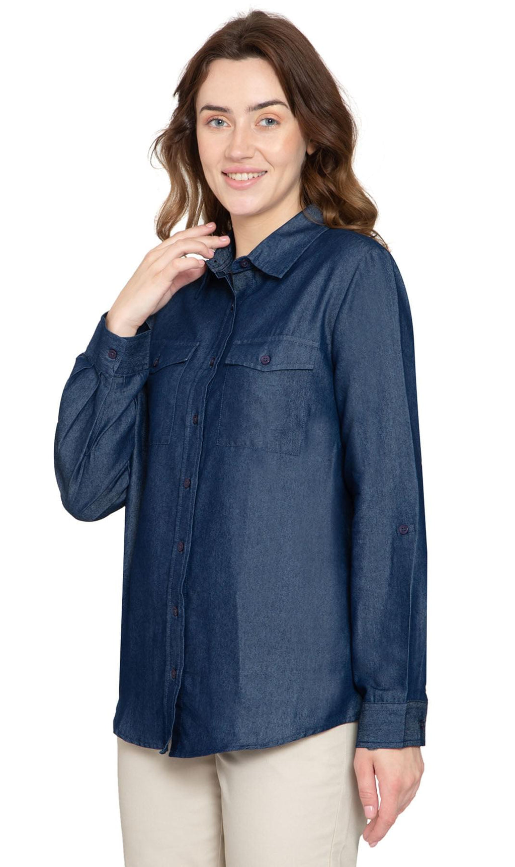 Women's Button Down Denim Shirt - Long Sleeve with Pocket Tops