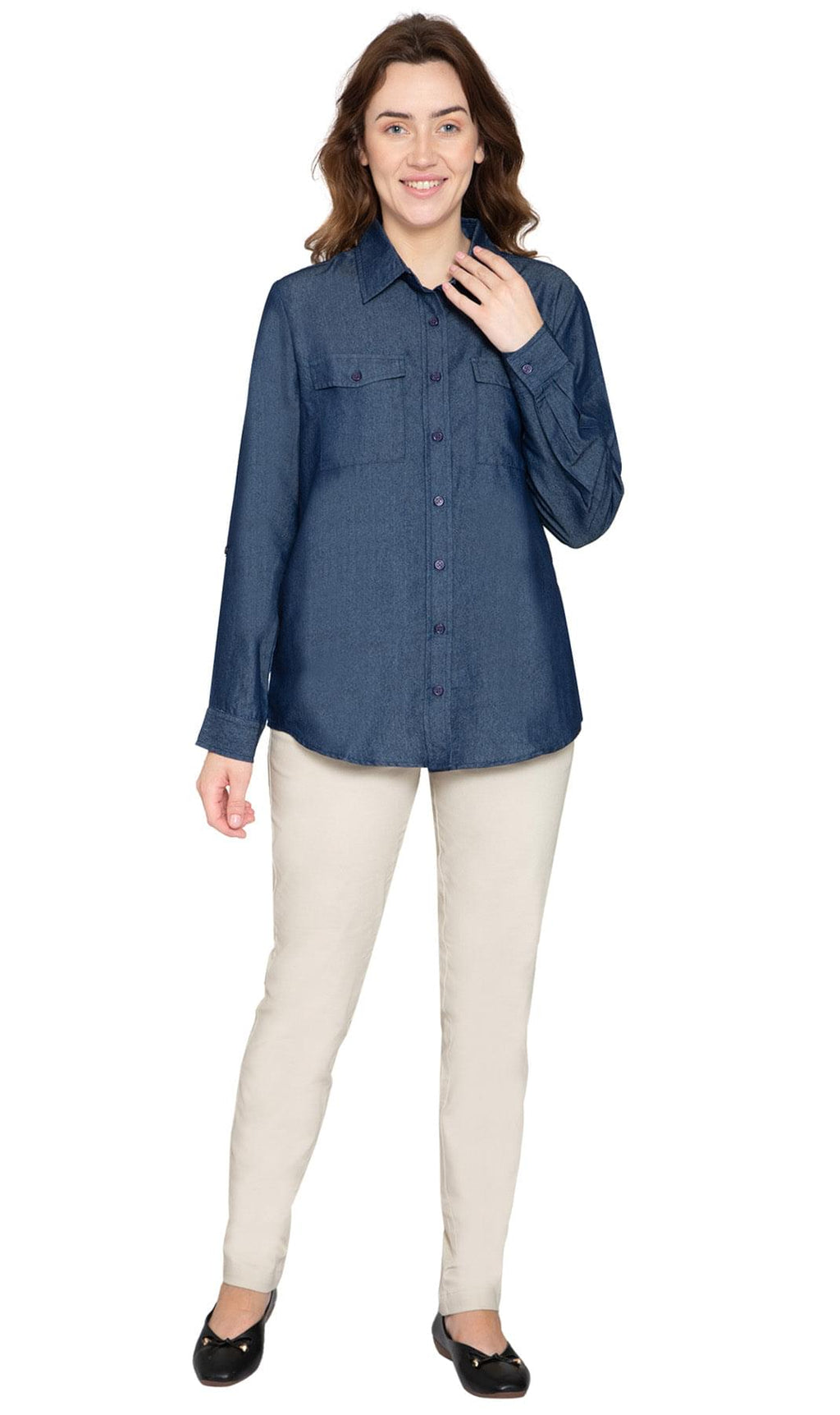 Women's Button Down Denim Shirt - Long Sleeve with Pocket Tops