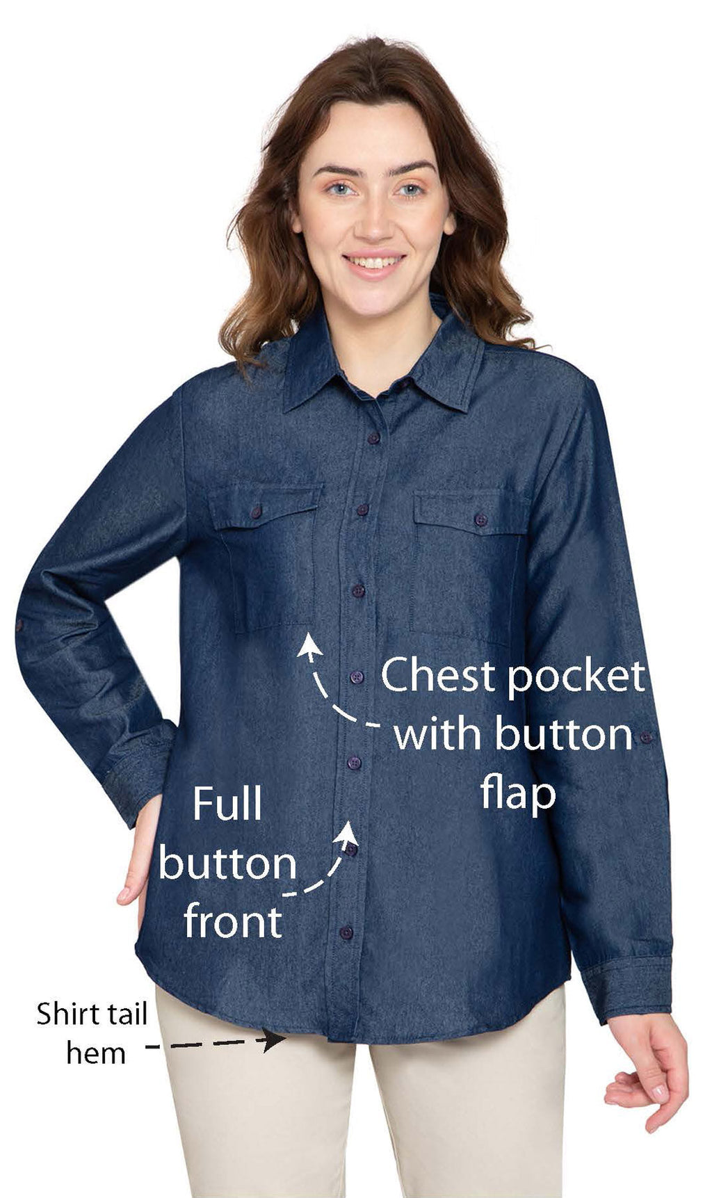 Women's Button Down Denim Shirt - Long Sleeve with Pocket Tops
