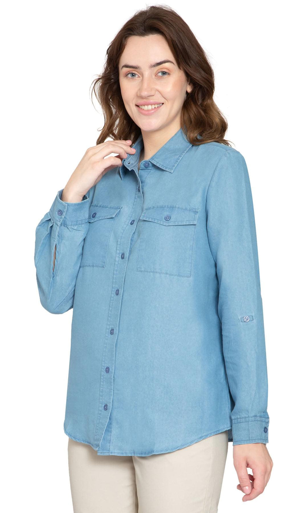 Women's Button Down Denim Shirt - Long Sleeve with Pocket Tops