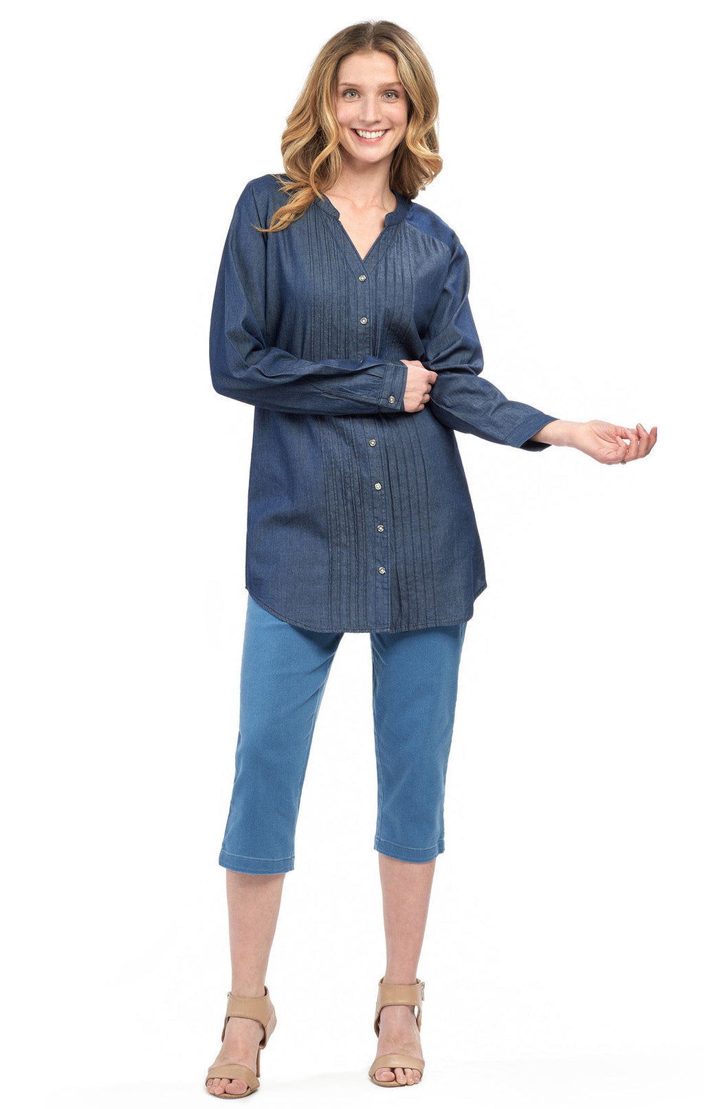 Women's Denim Pintuck Button-Front Tunic Top