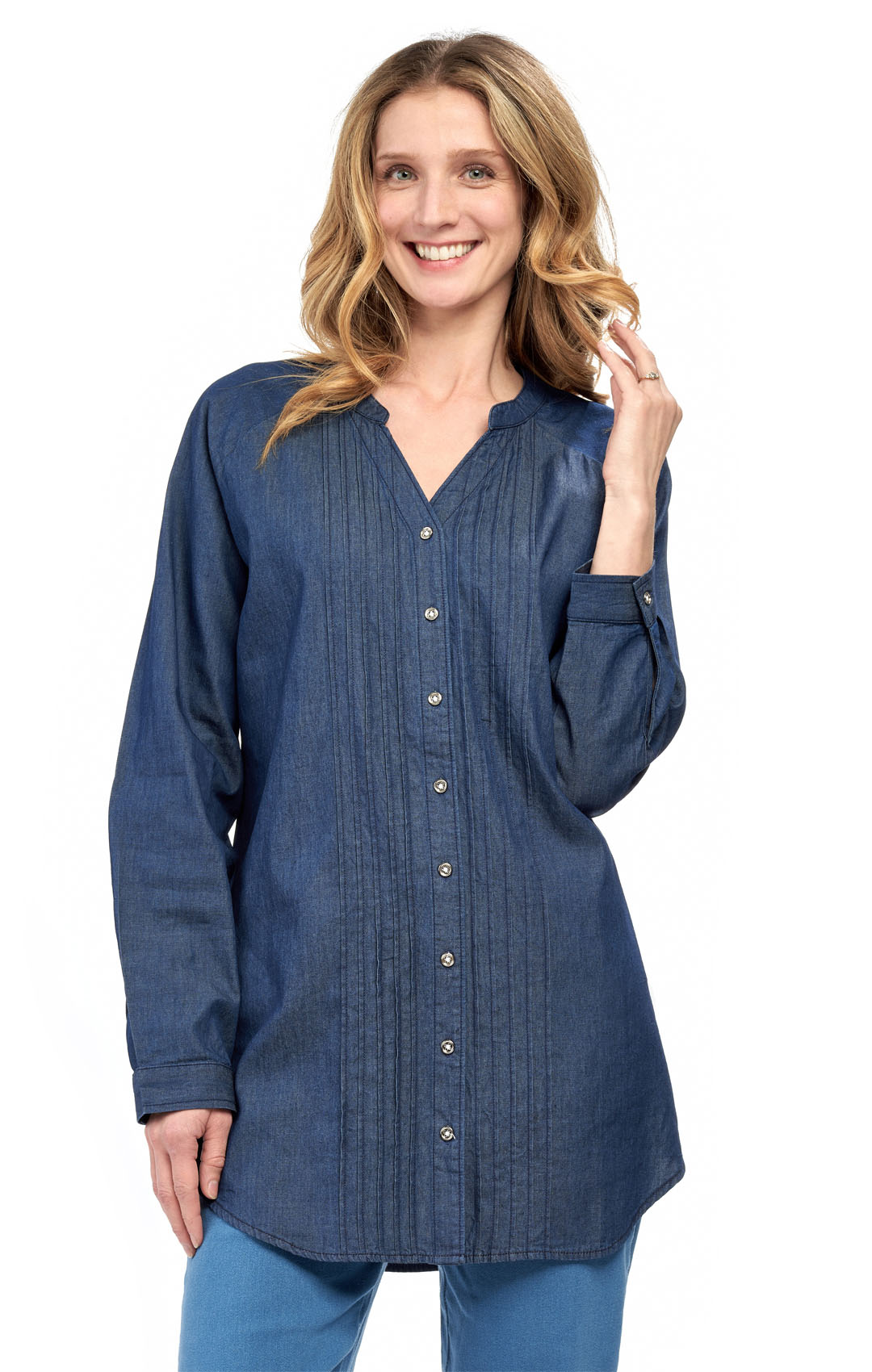 Women's Denim Pintuck Button-Front Tunic Top