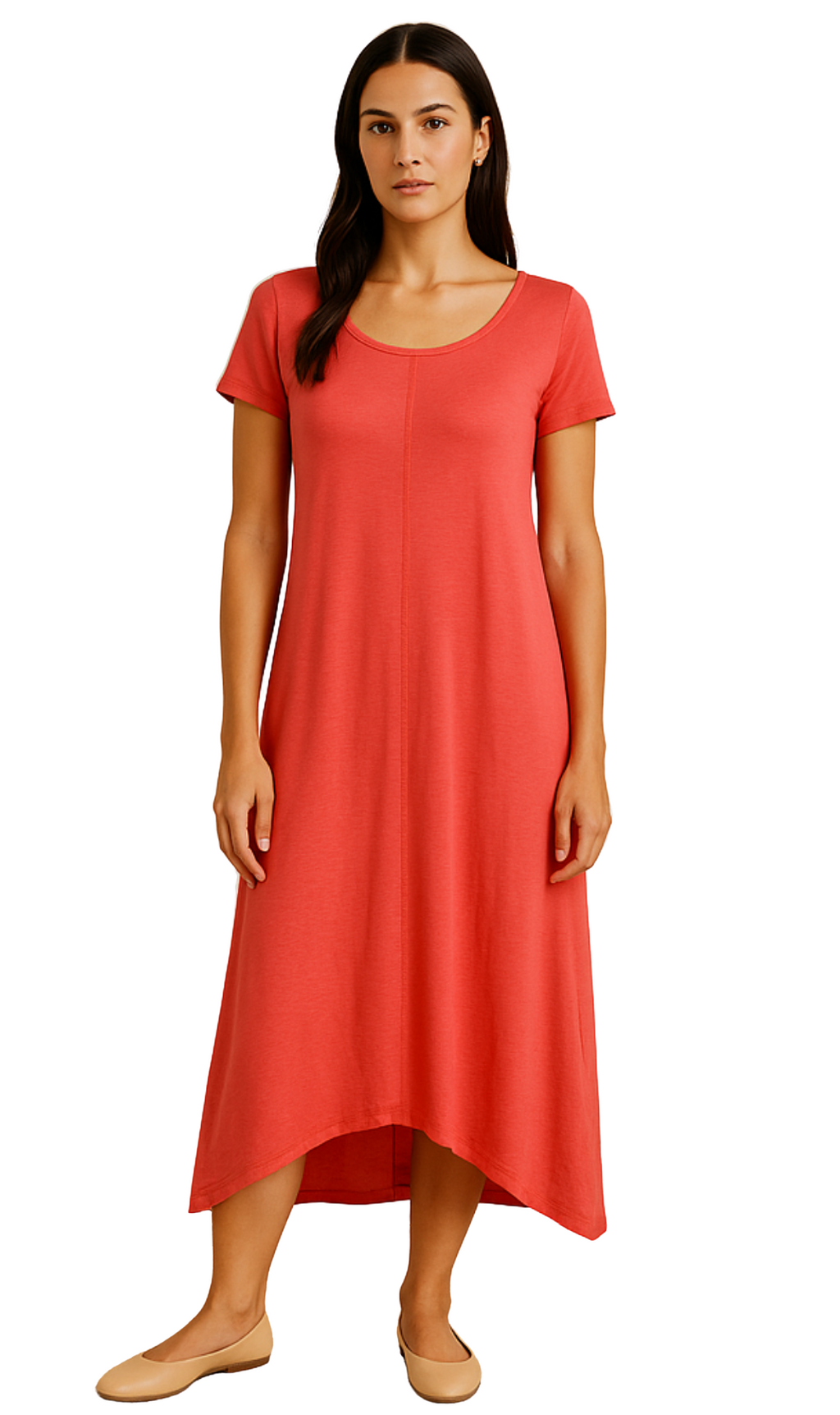 Women's Knit Wide Scoop Neck Short Sleeve Dress in A-line Aymmetrical Hem