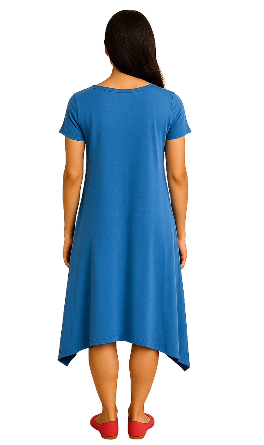 Women's Knit Wide Scoop Neck Short Sleeve Dress in A-line Aymmetrical Hem